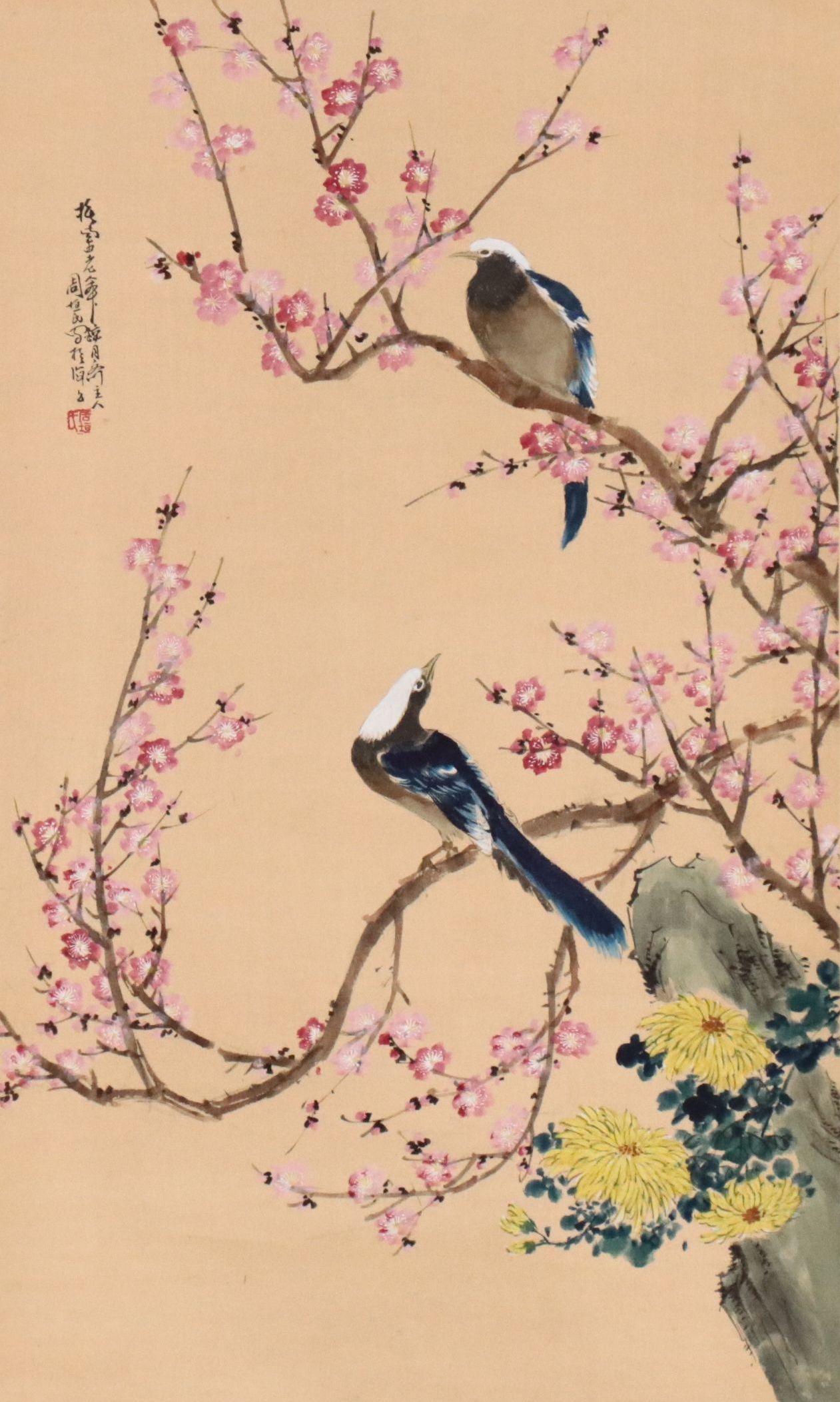 Chinese School Gouache Painting Scroll of Birds with Plum Blossoms