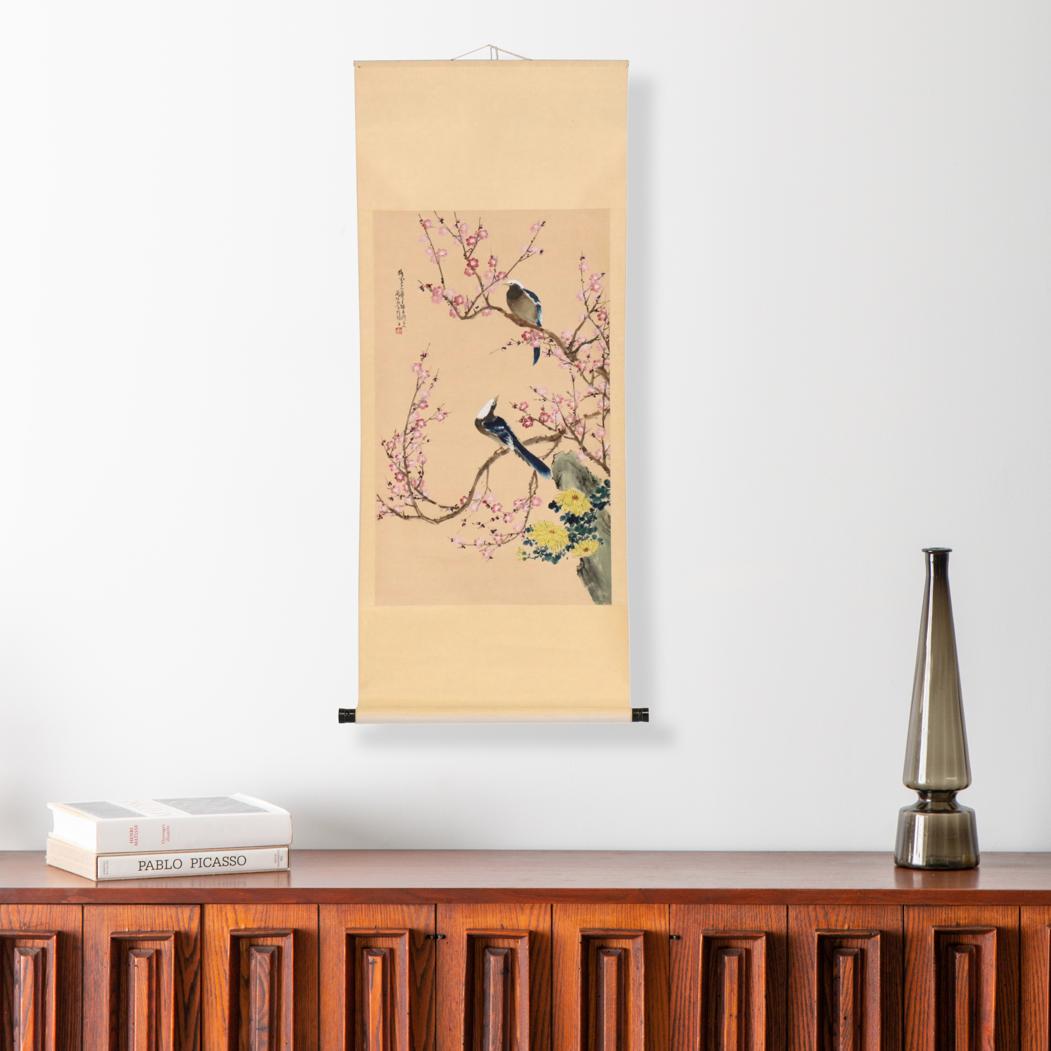 Chinese School Gouache Painting Scroll of Birds with Plum Blossoms