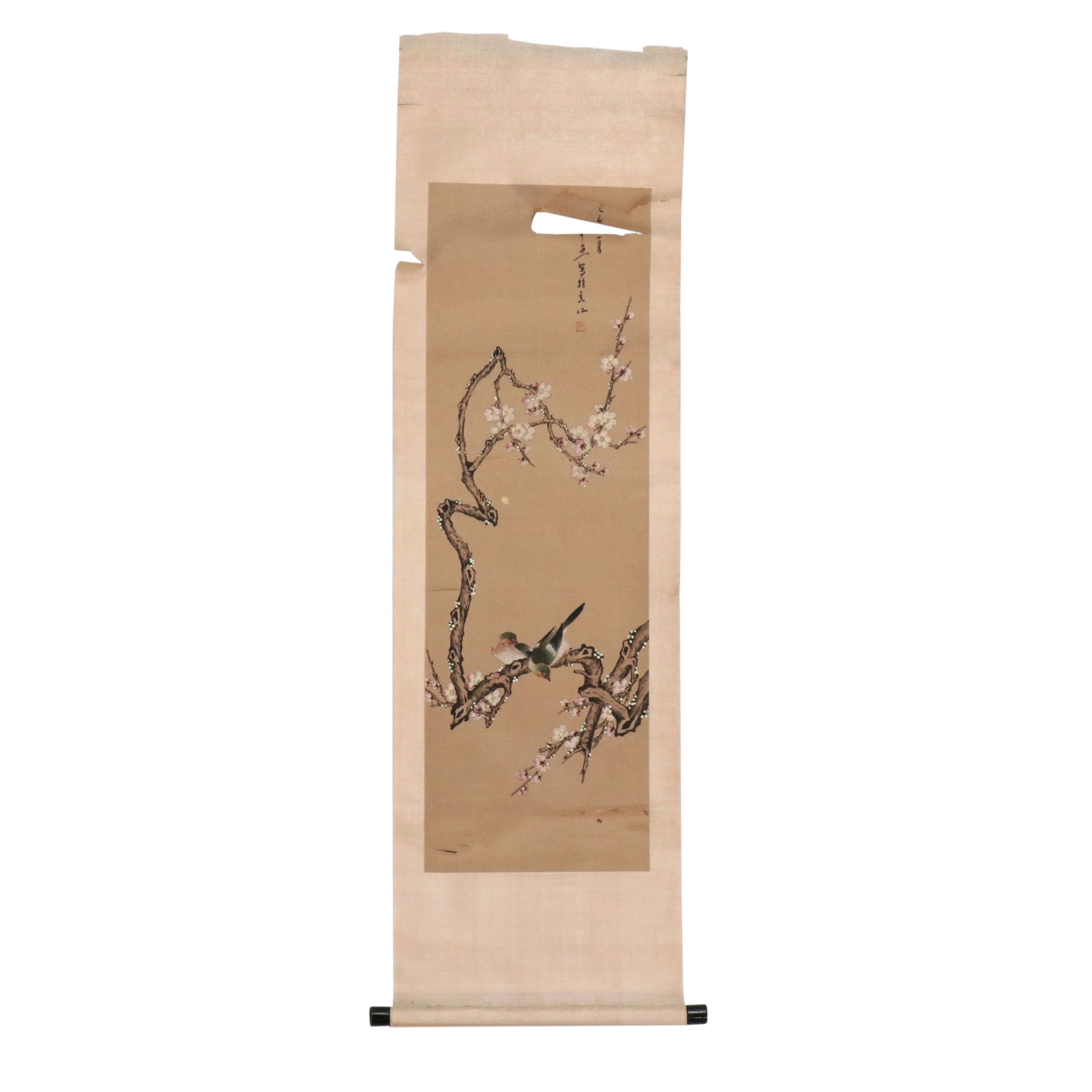 Japanese Watercolor Scroll of Plum Flowers and Birds, Late 19th Century