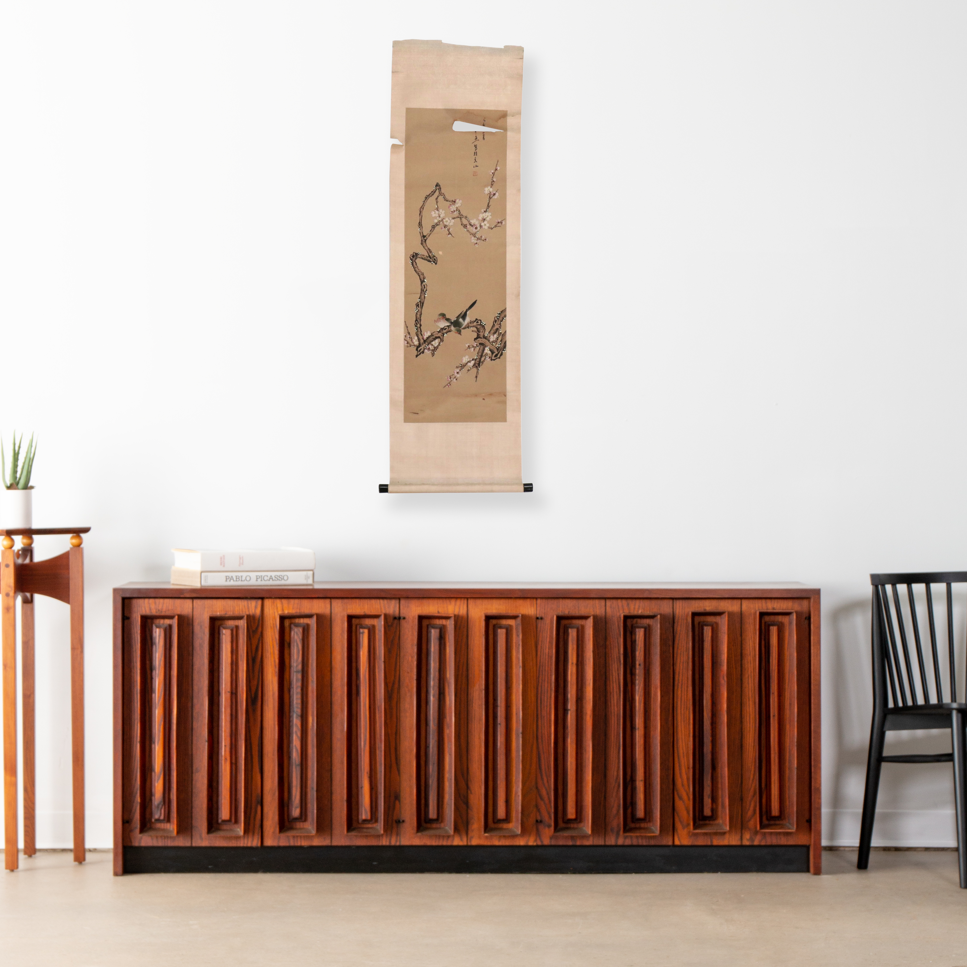 Japanese Watercolor Scroll of Plum Flowers and Birds, Late 19th Century