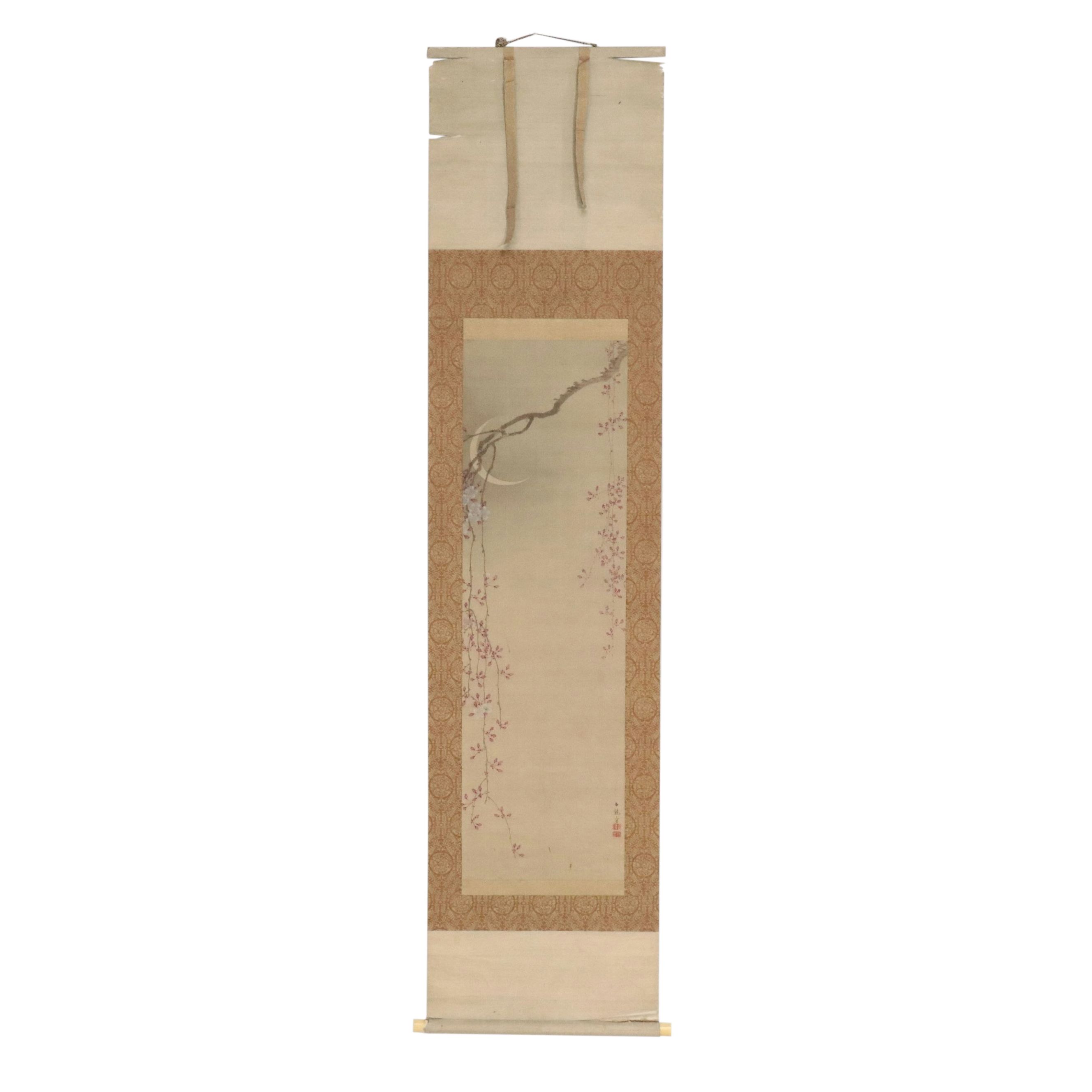 Japanese School Scroll with Watercolor Painting of Blossoms and Moon