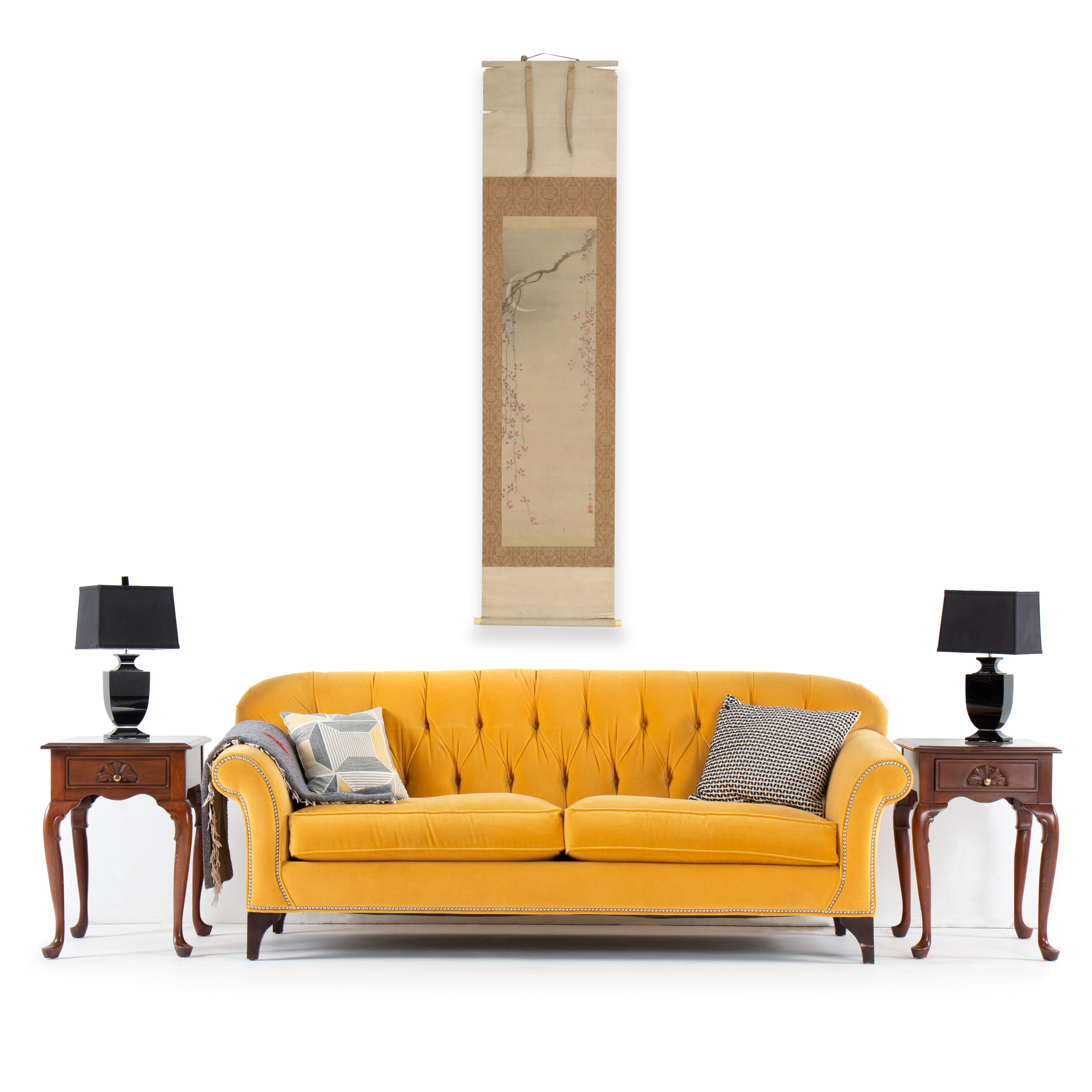 Japanese School Scroll with Watercolor Painting of Blossoms and Moon