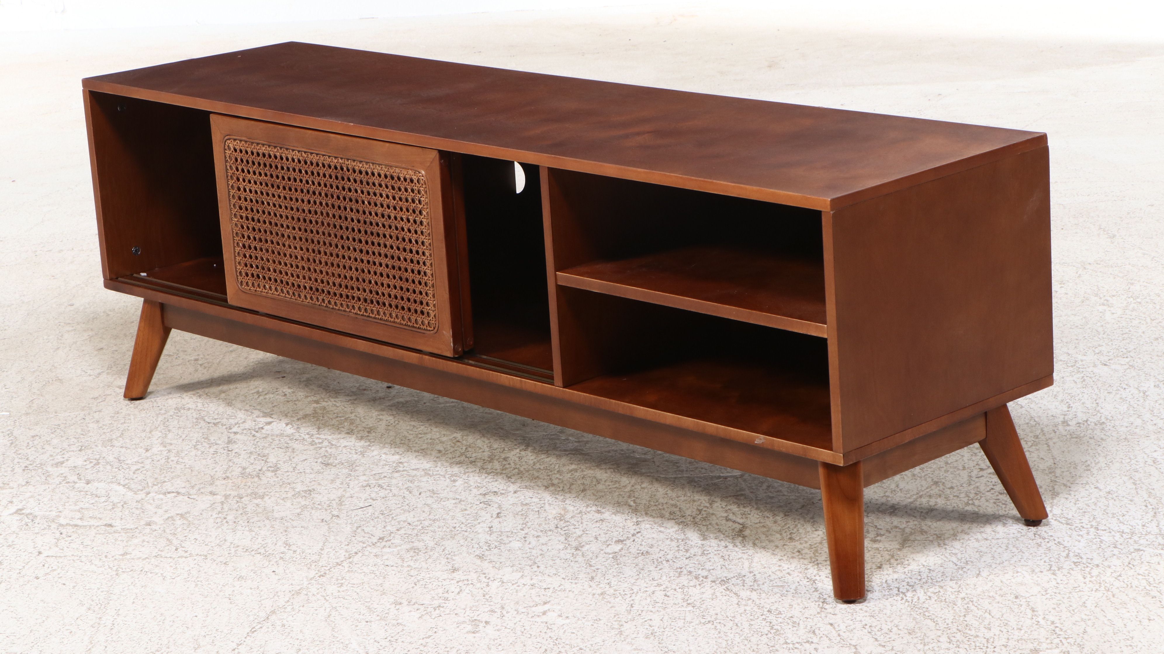 Mid Century Modern Style Walnut Finish Cane Front Entertainment Console