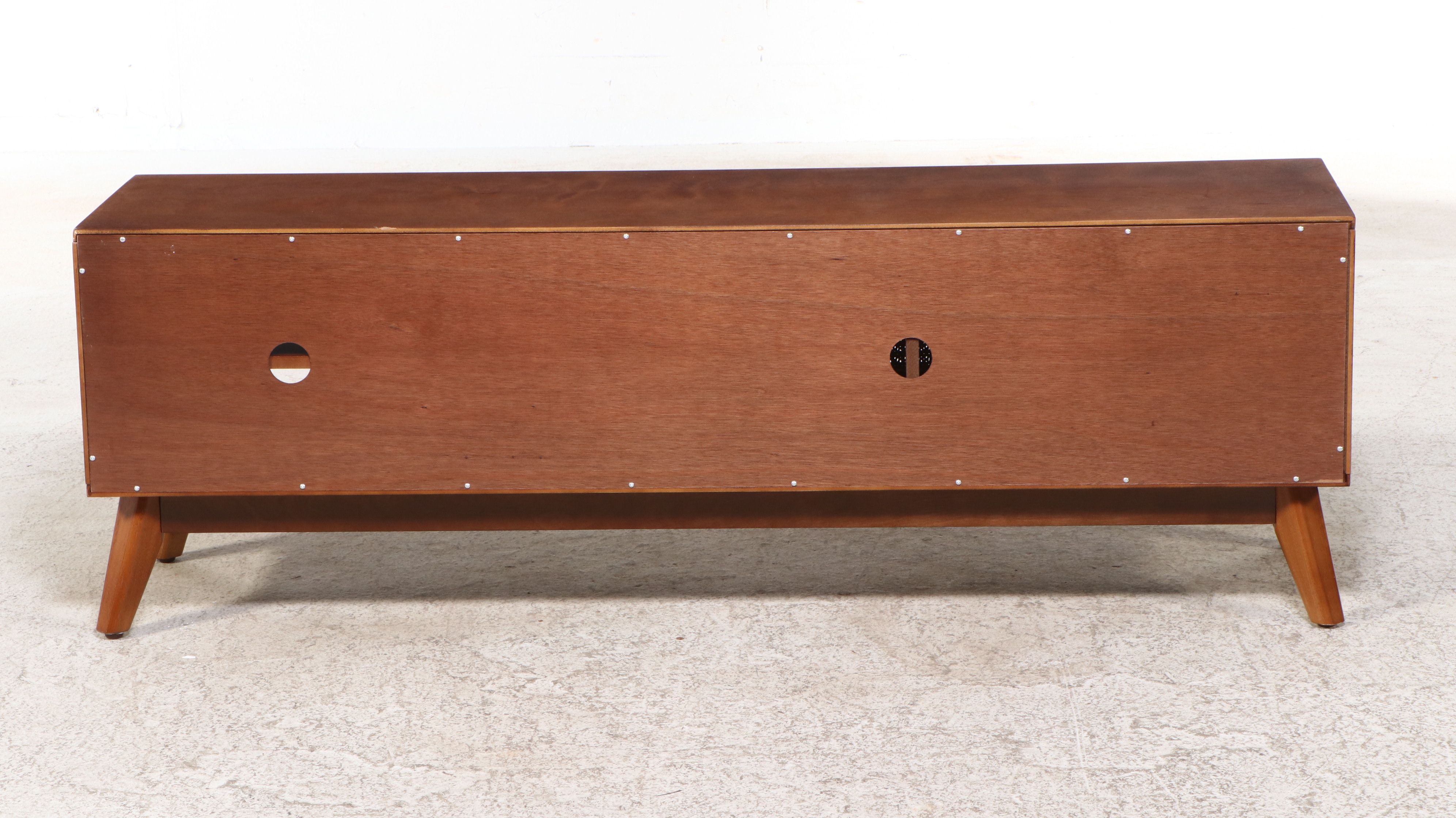 Mid Century Modern Style Walnut Finish Cane Front Entertainment Console