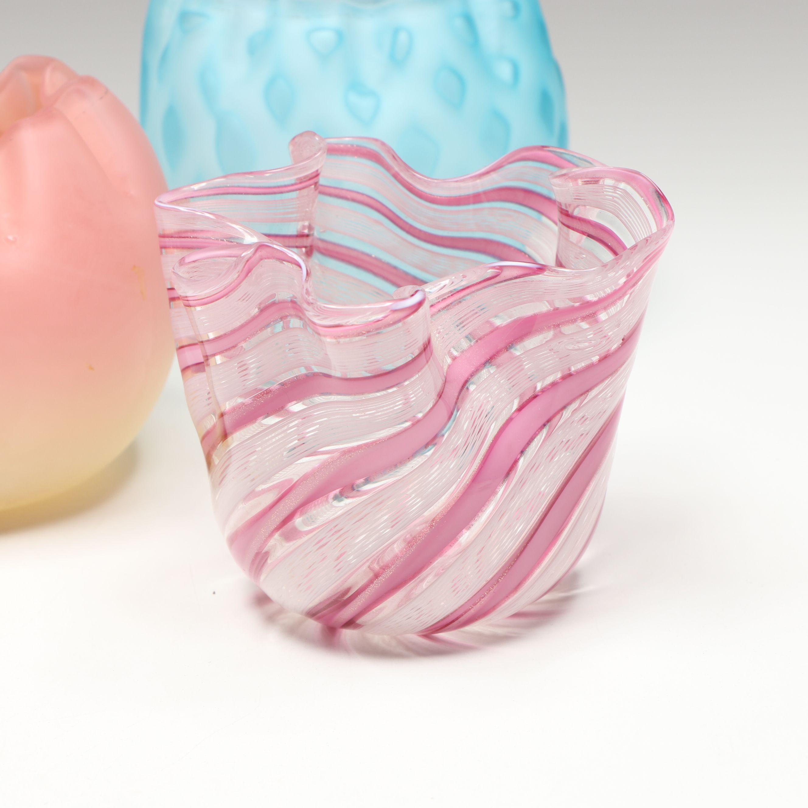 Quilted Diamond Blue Satin Glass with Other Ruffled Edge Bowls