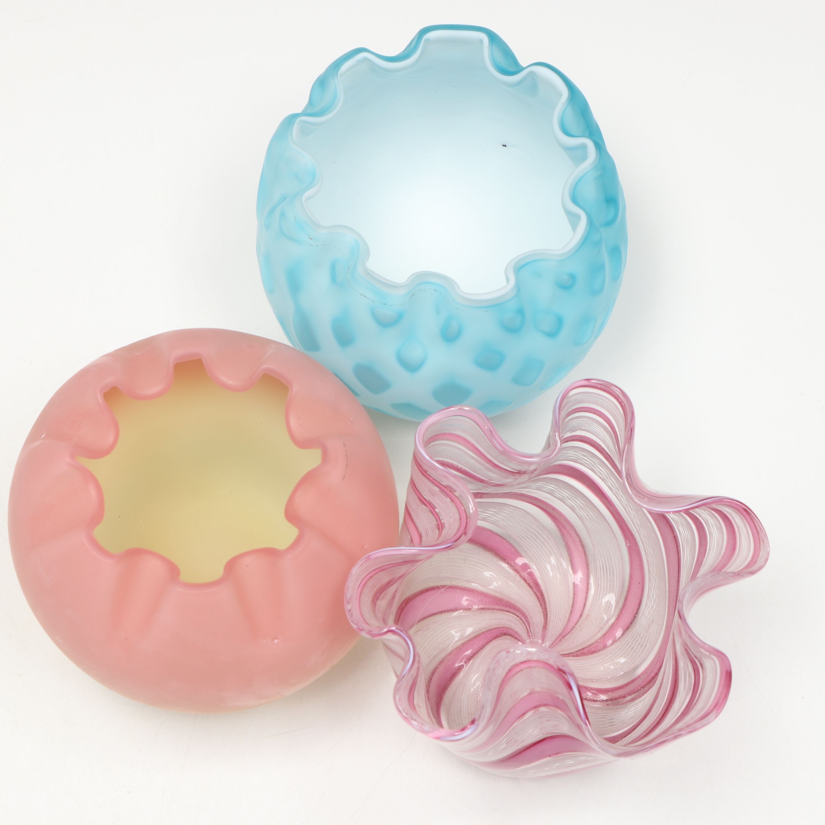 Quilted Diamond Blue Satin Glass with Other Ruffled Edge Bowls