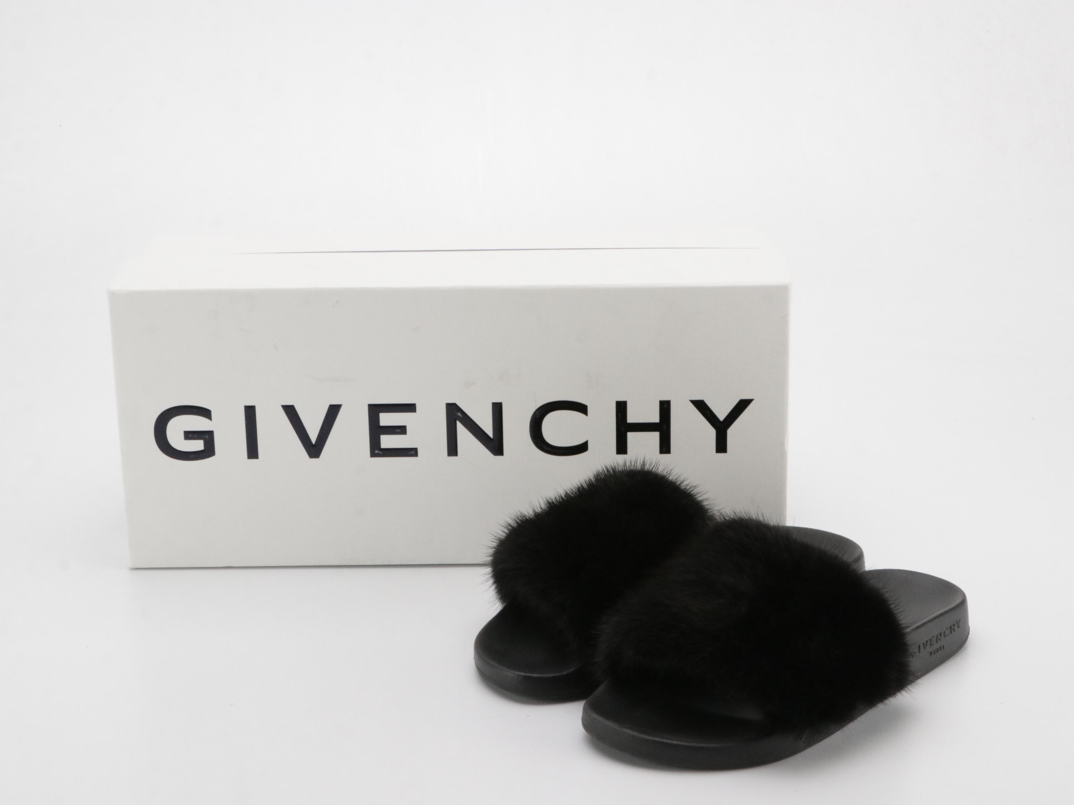 Givenchy Black Mink Fur Slides in Box