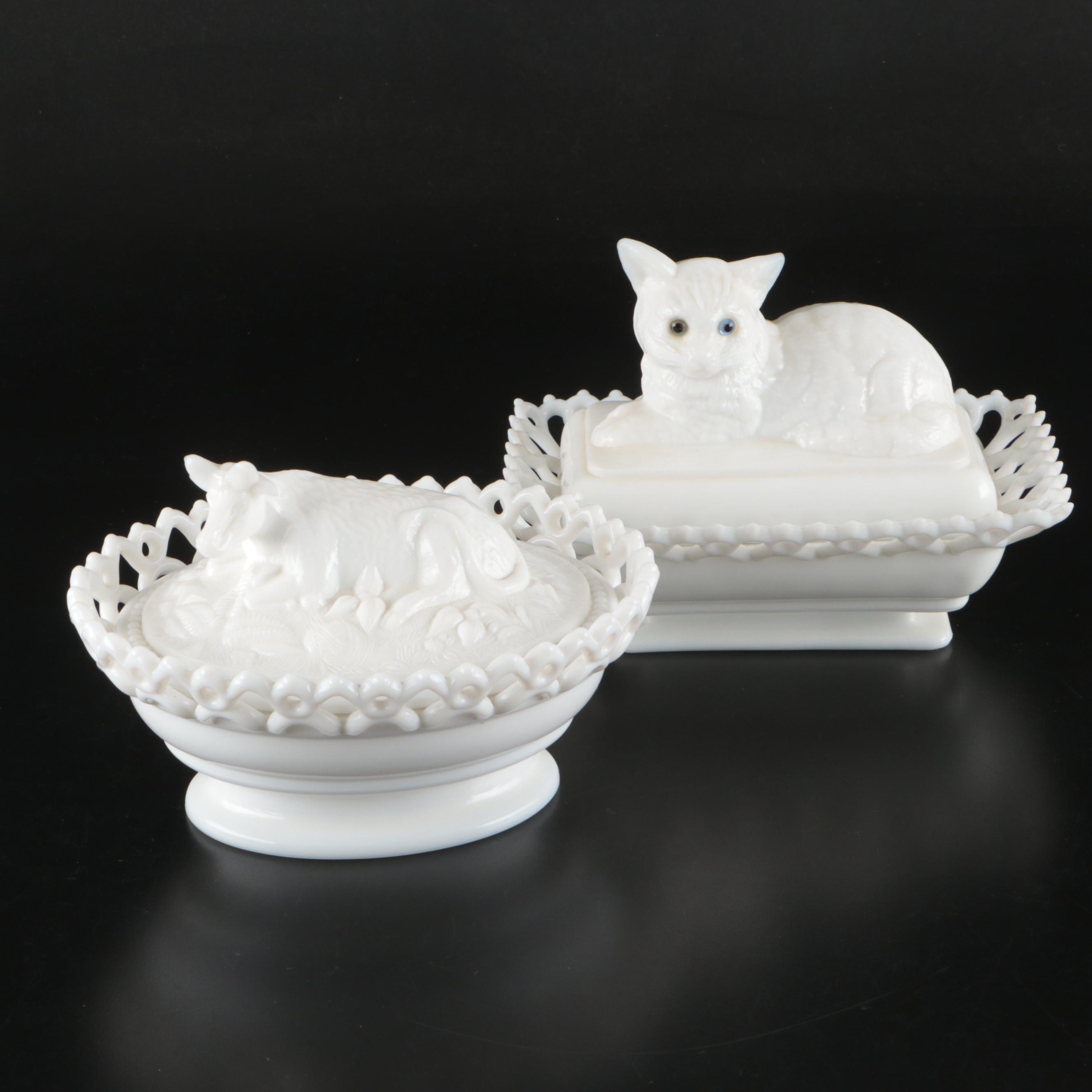 Westmoreland Milk Glass Cat and Cow Boxes, Mid to Late 20th Century