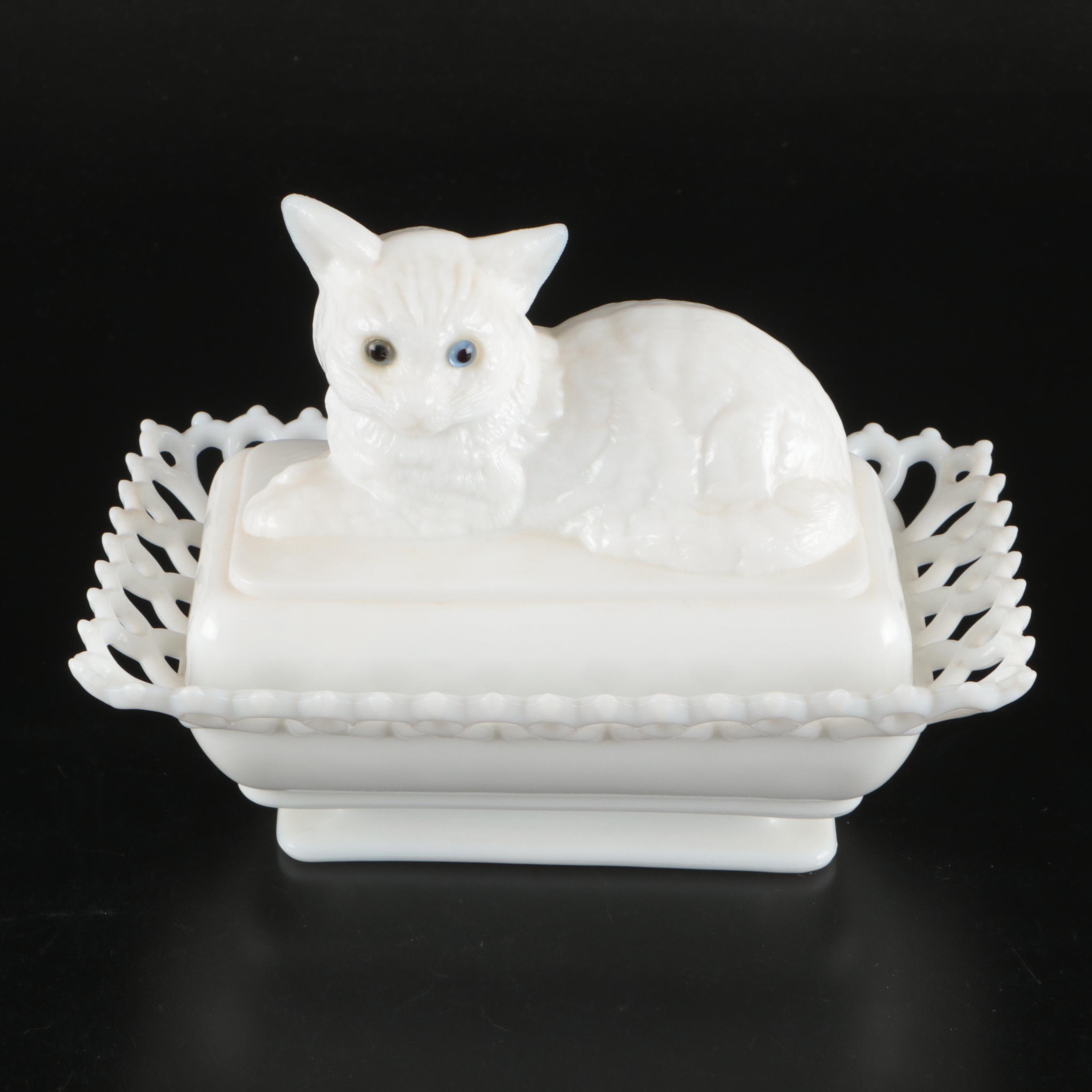 Westmoreland Milk Glass Cat and Cow Boxes, Mid to Late 20th Century