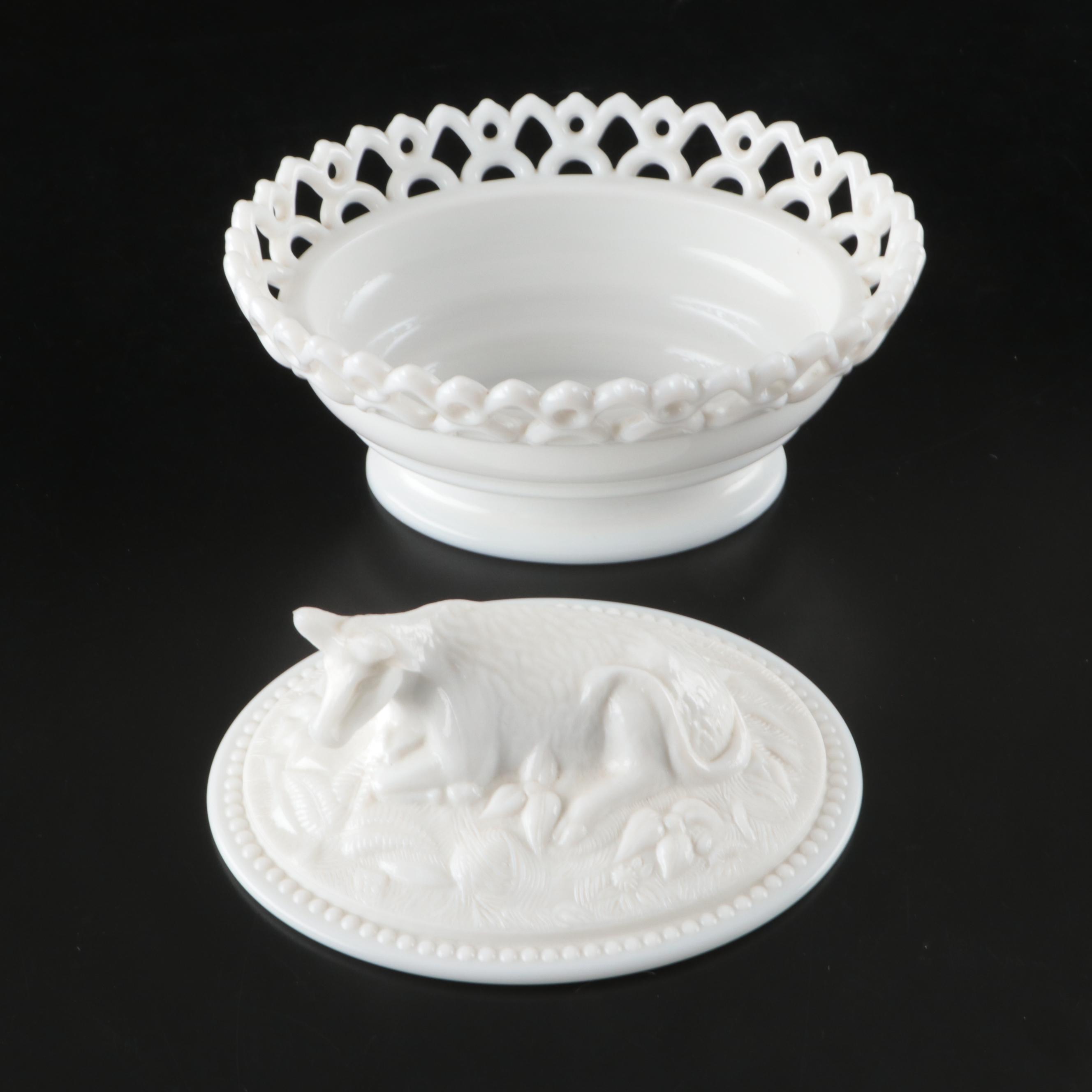 Westmoreland Milk Glass Cat and Cow Boxes, Mid to Late 20th Century