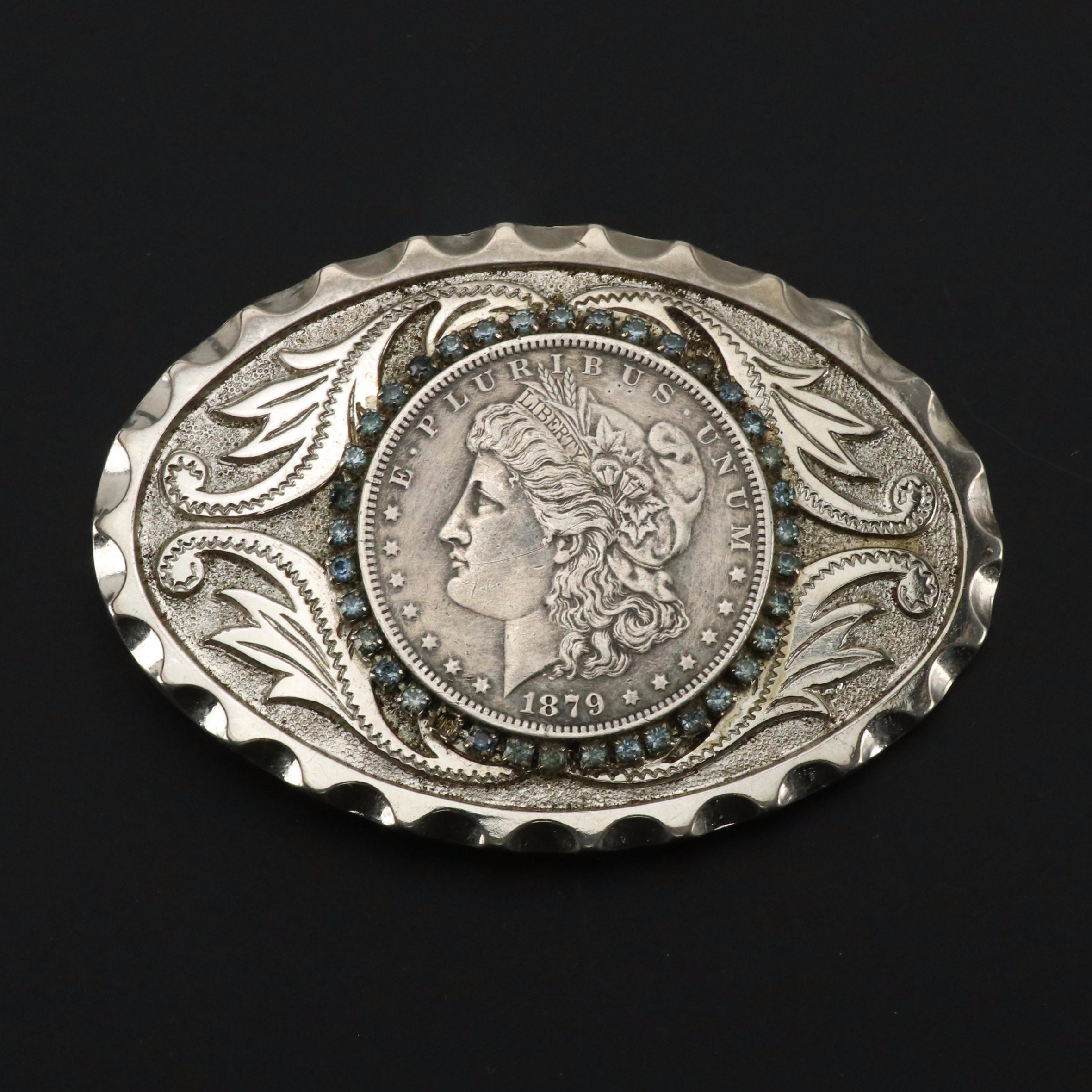 US Morgan Silver Dollar Belt Buckle with Rhinestones