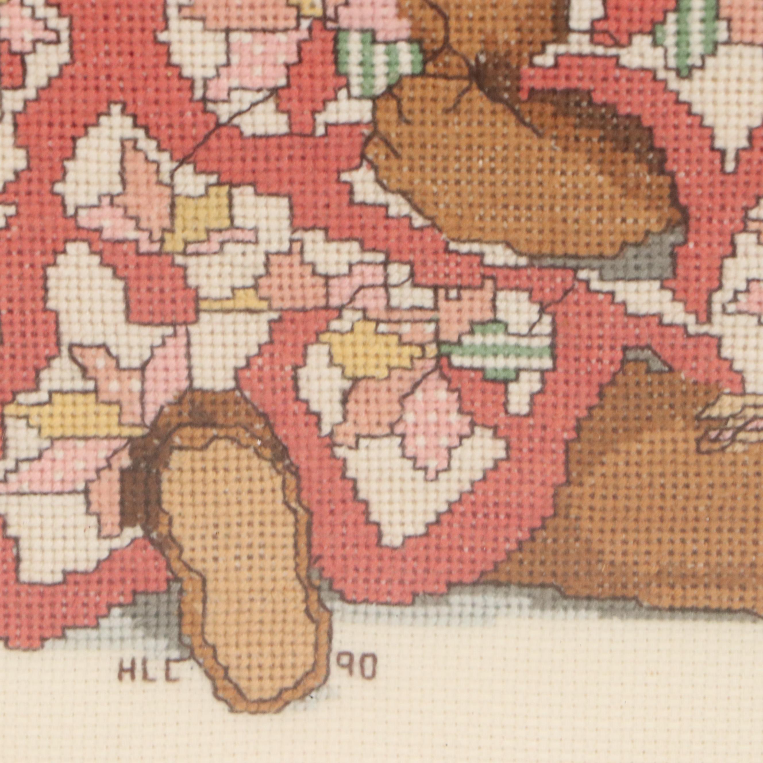 Cross-Stitch of Seated Teddy Bear with Quilt and Headwrap, 1990