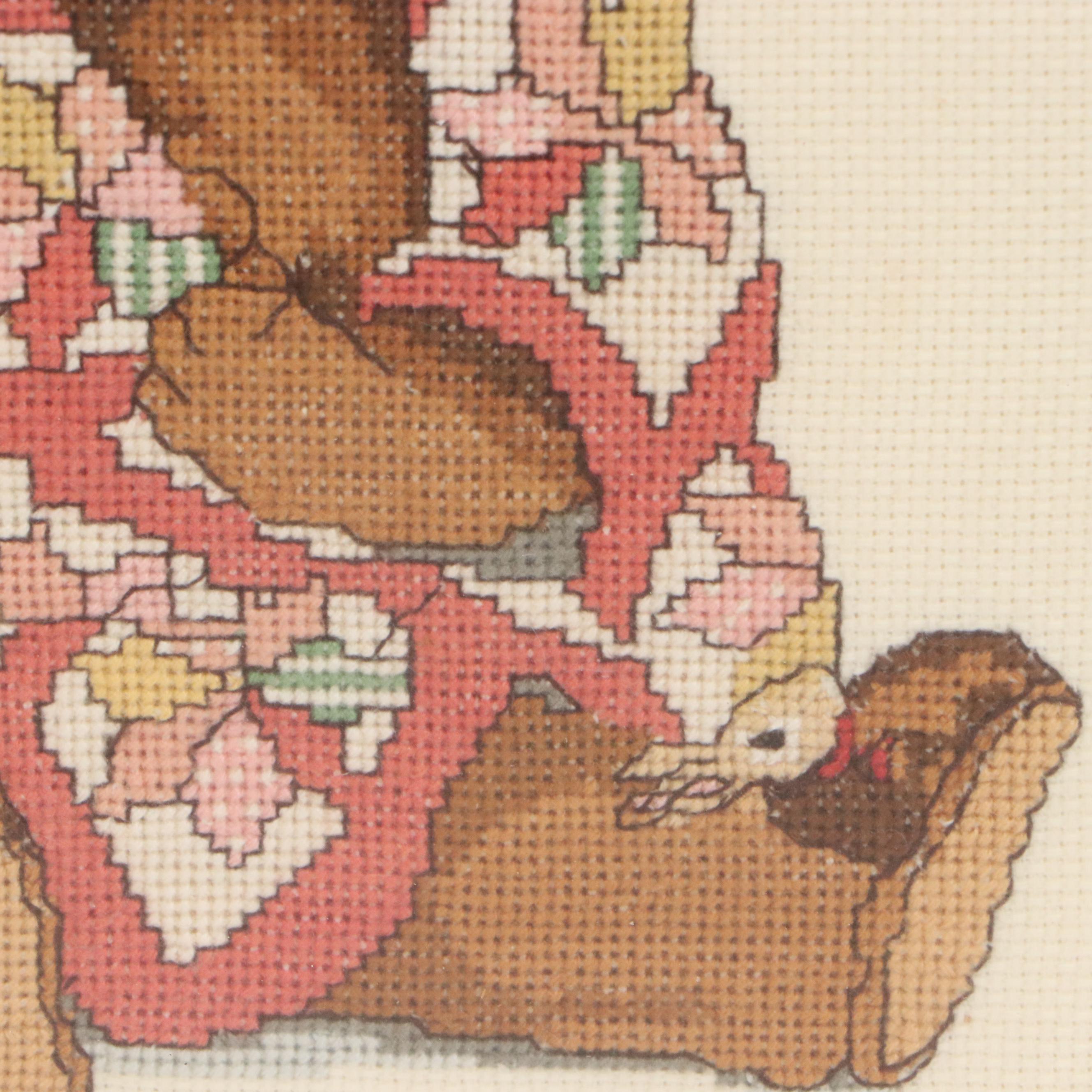 Cross-Stitch of Seated Teddy Bear with Quilt and Headwrap, 1990
