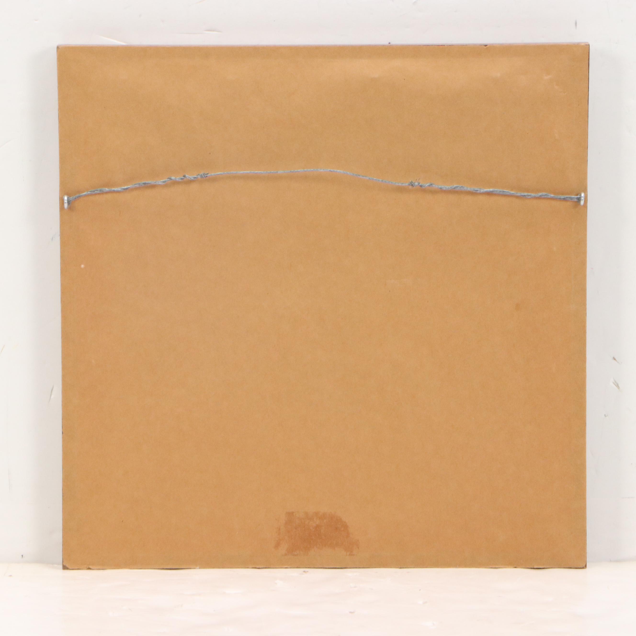 Cross-Stitch of Seated Teddy Bear with Quilt and Headwrap, 1990