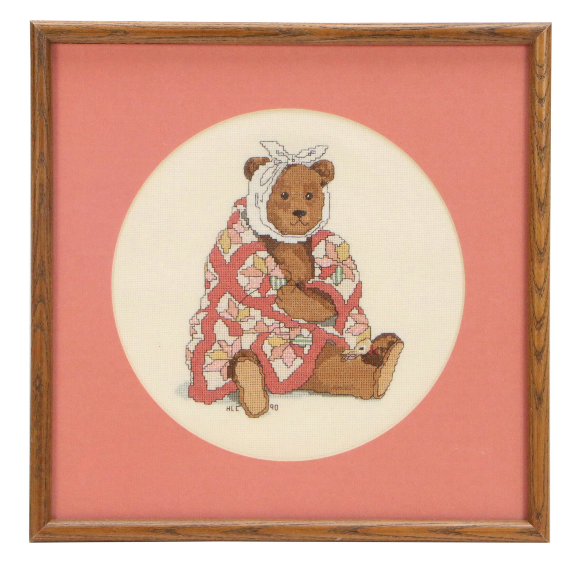 Cross-Stitch of Seated Teddy Bear with Quilt and Headwrap, 1990