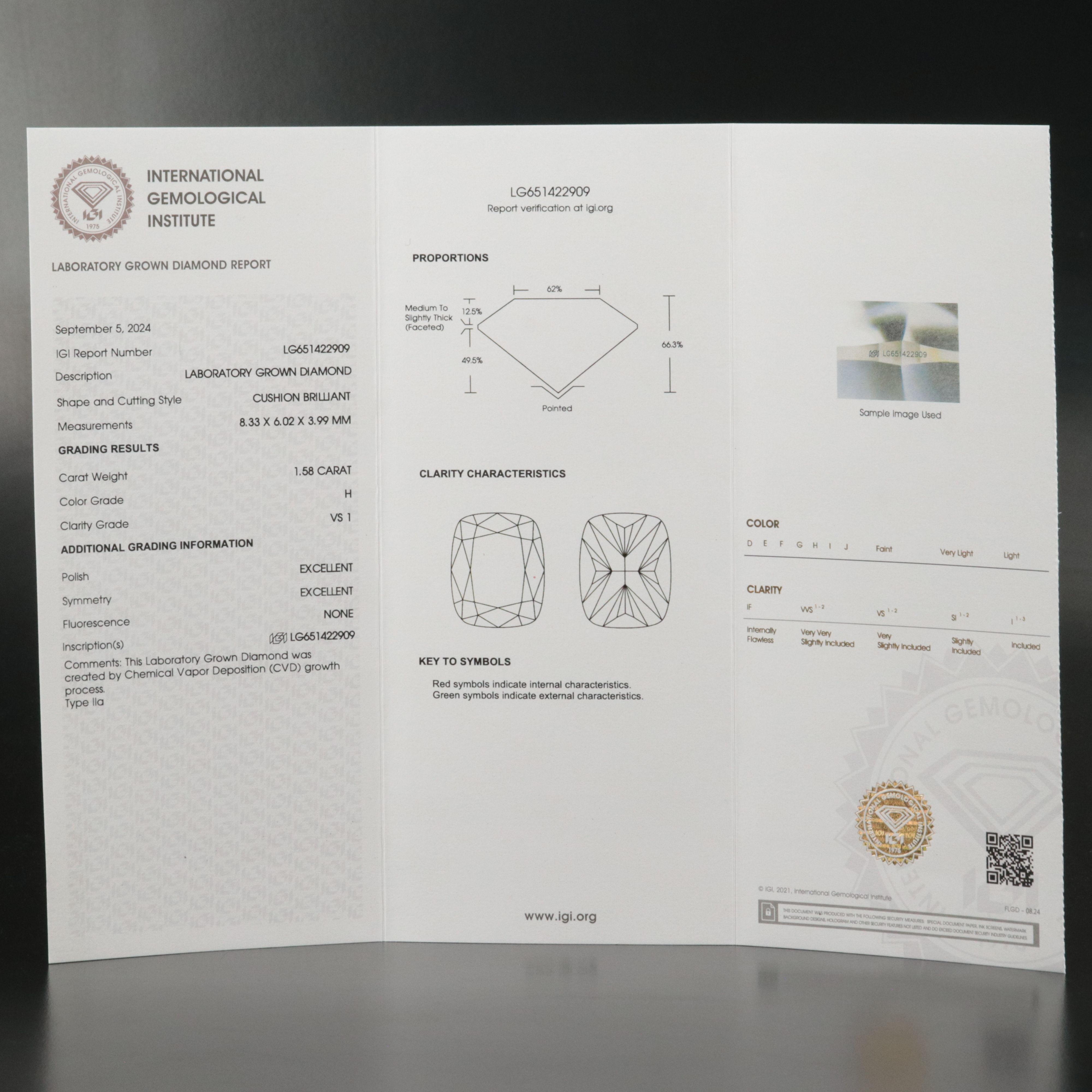 Loose 1.58 CT Lab Grown Diamond with IGI Report