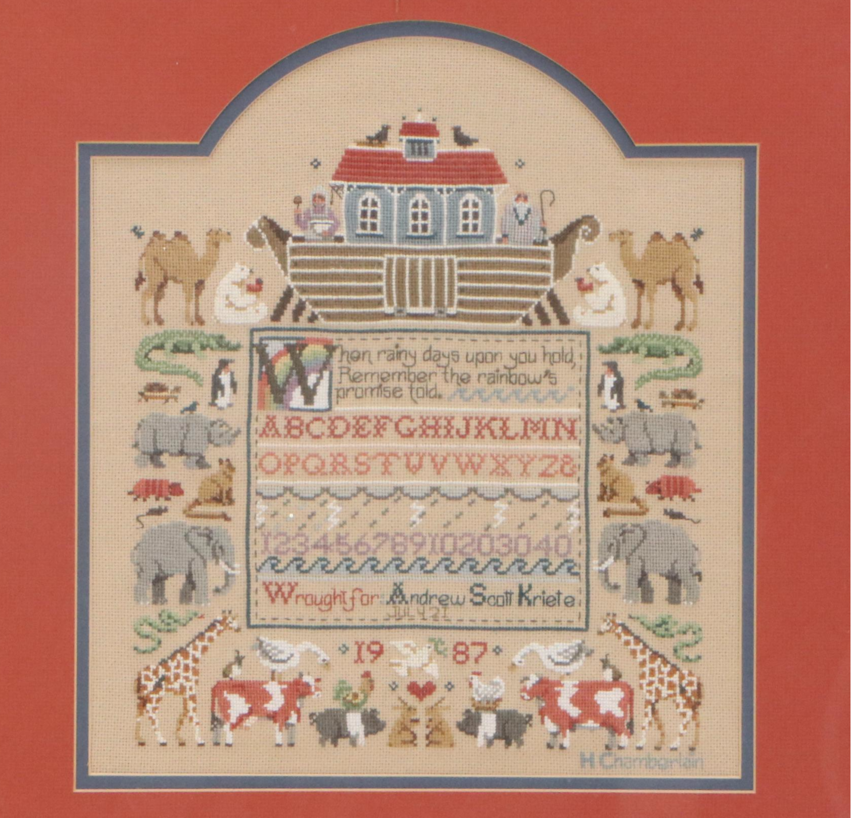 H. Chamberlain Cross-Stitch Sampler with Noah's Ark, 1987