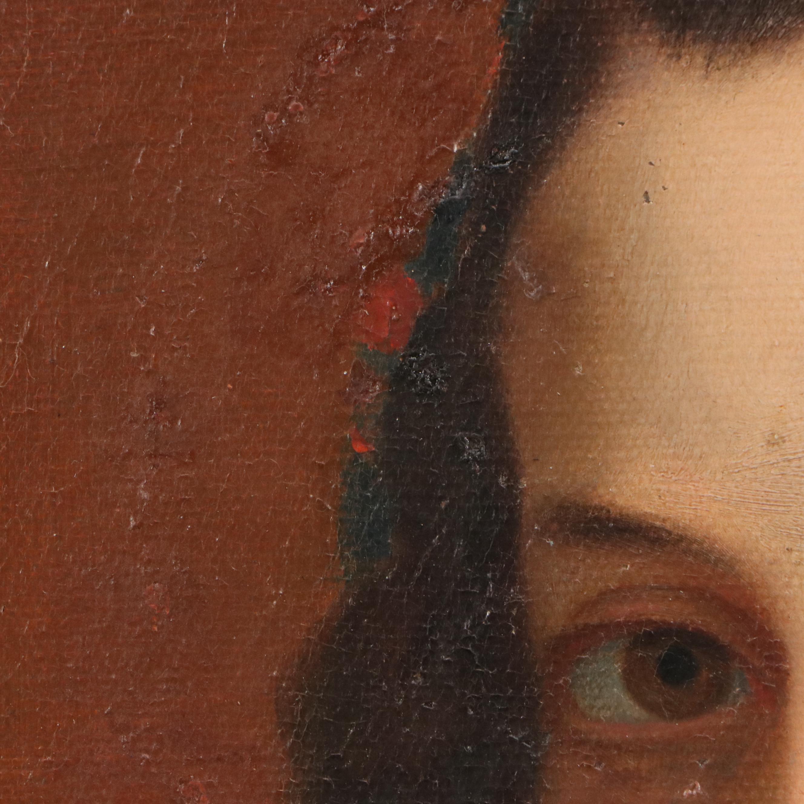 Oil Portrait of Woman with Pink Satin Shawl, Mid-19th Century