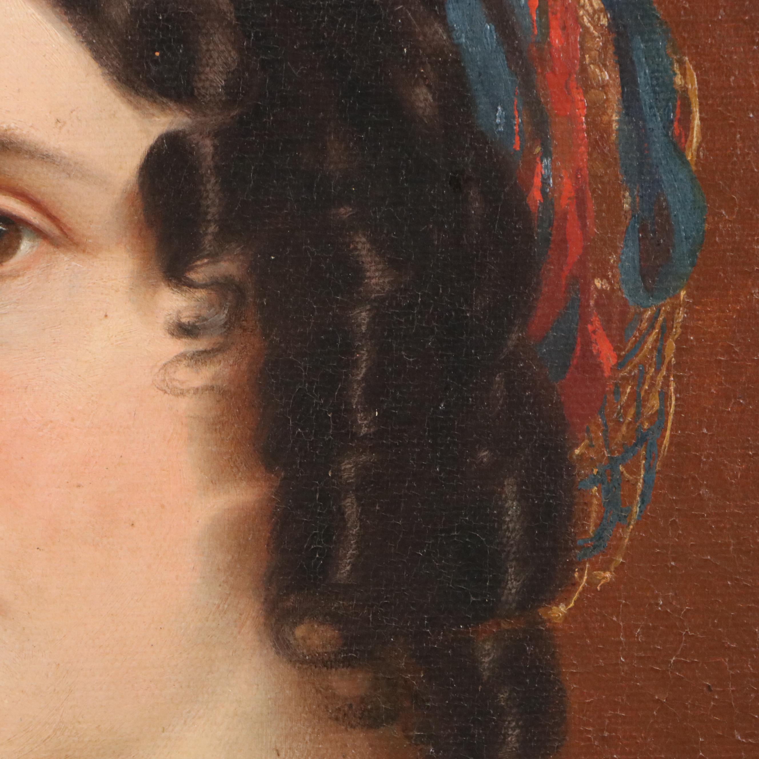 Oil Portrait of Woman with Pink Satin Shawl, Mid-19th Century