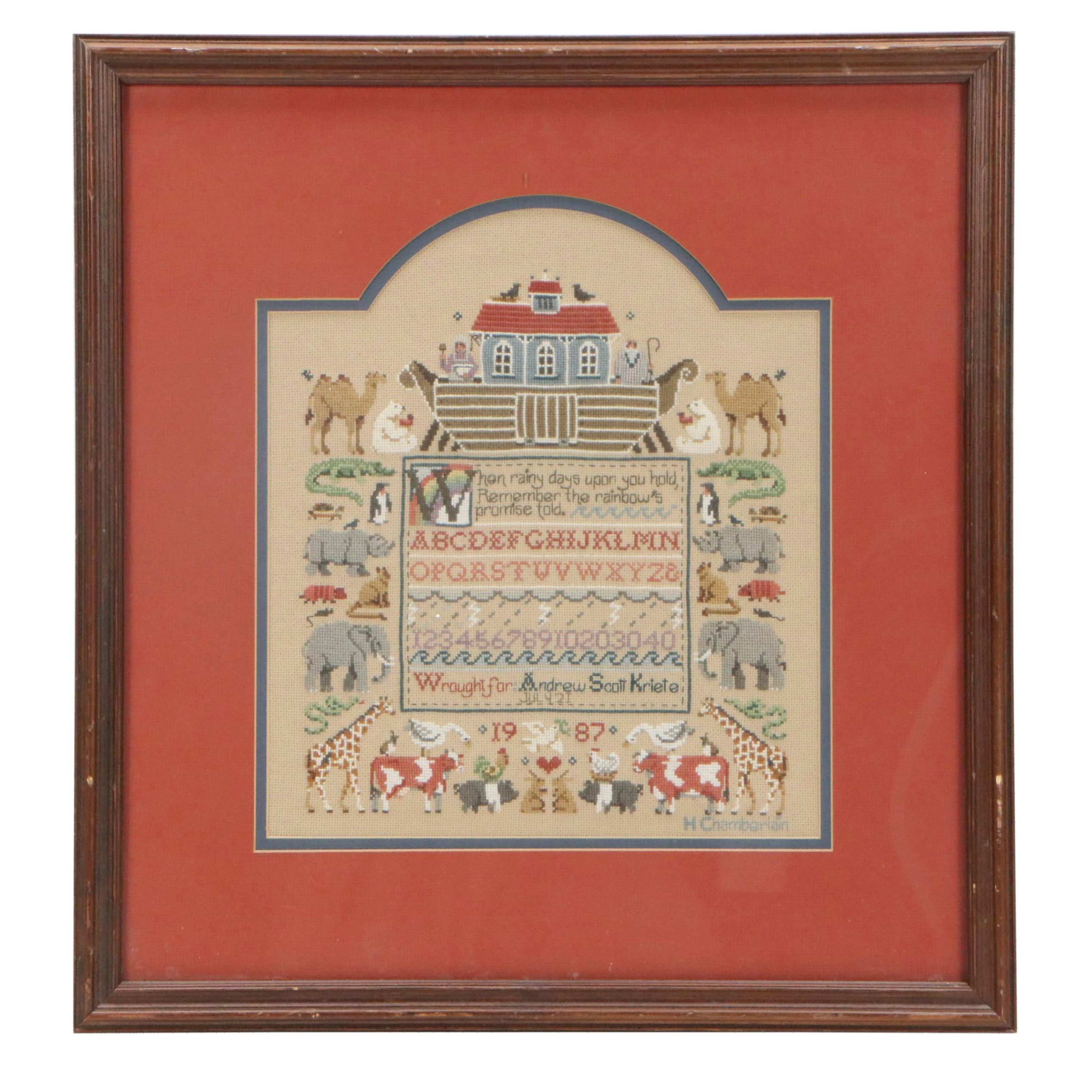 H. Chamberlain Cross-Stitch Sampler with Noah's Ark, 1987