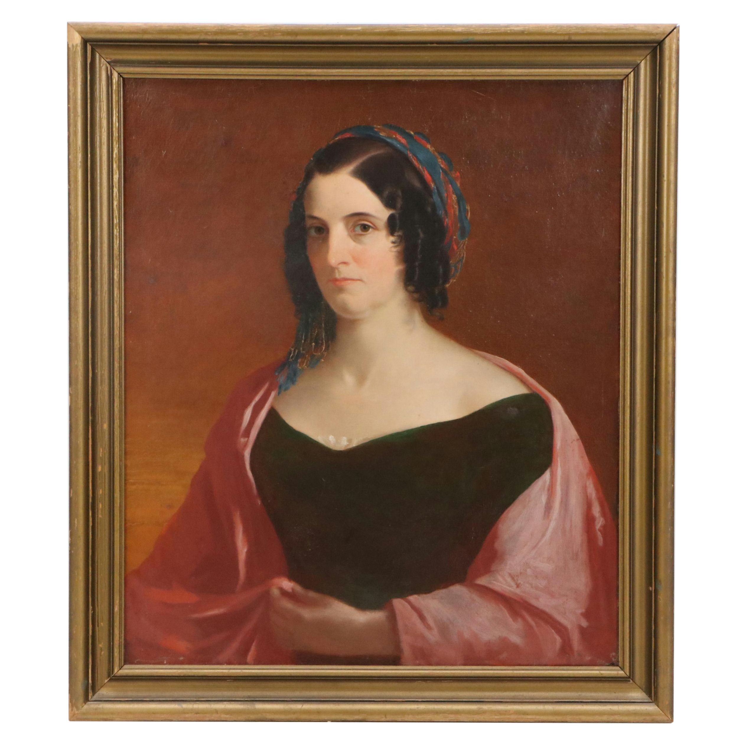 Oil Portrait of Woman with Pink Satin Shawl, Mid-19th Century