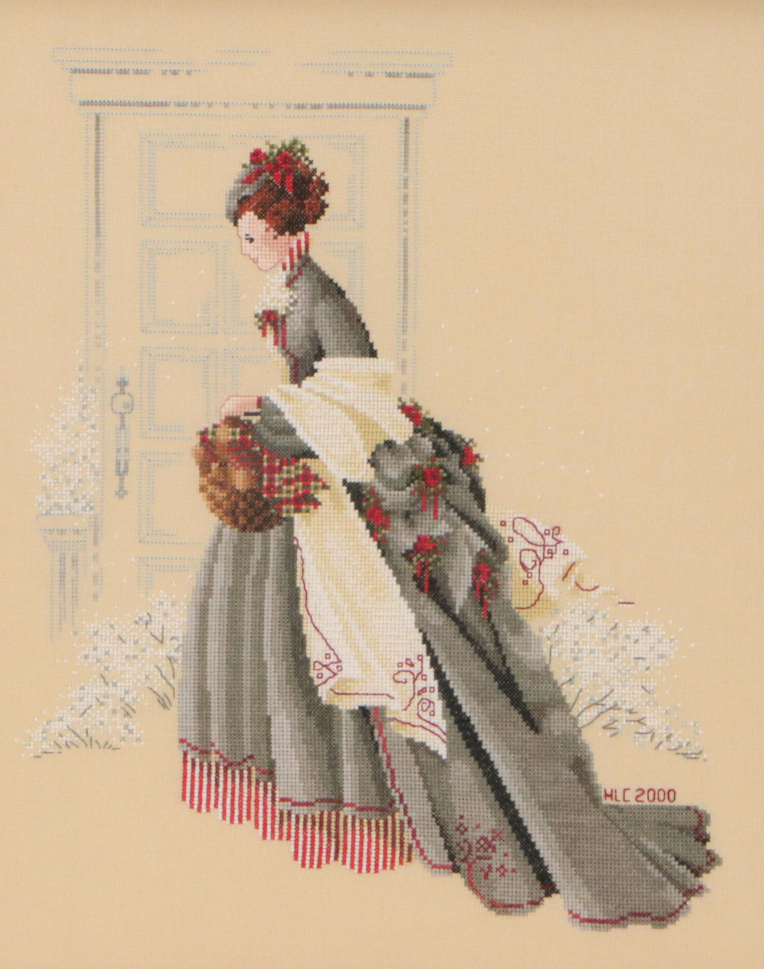 Cross-Stitch of Victorian Woman in Outdoor Wintery Scene, 2000