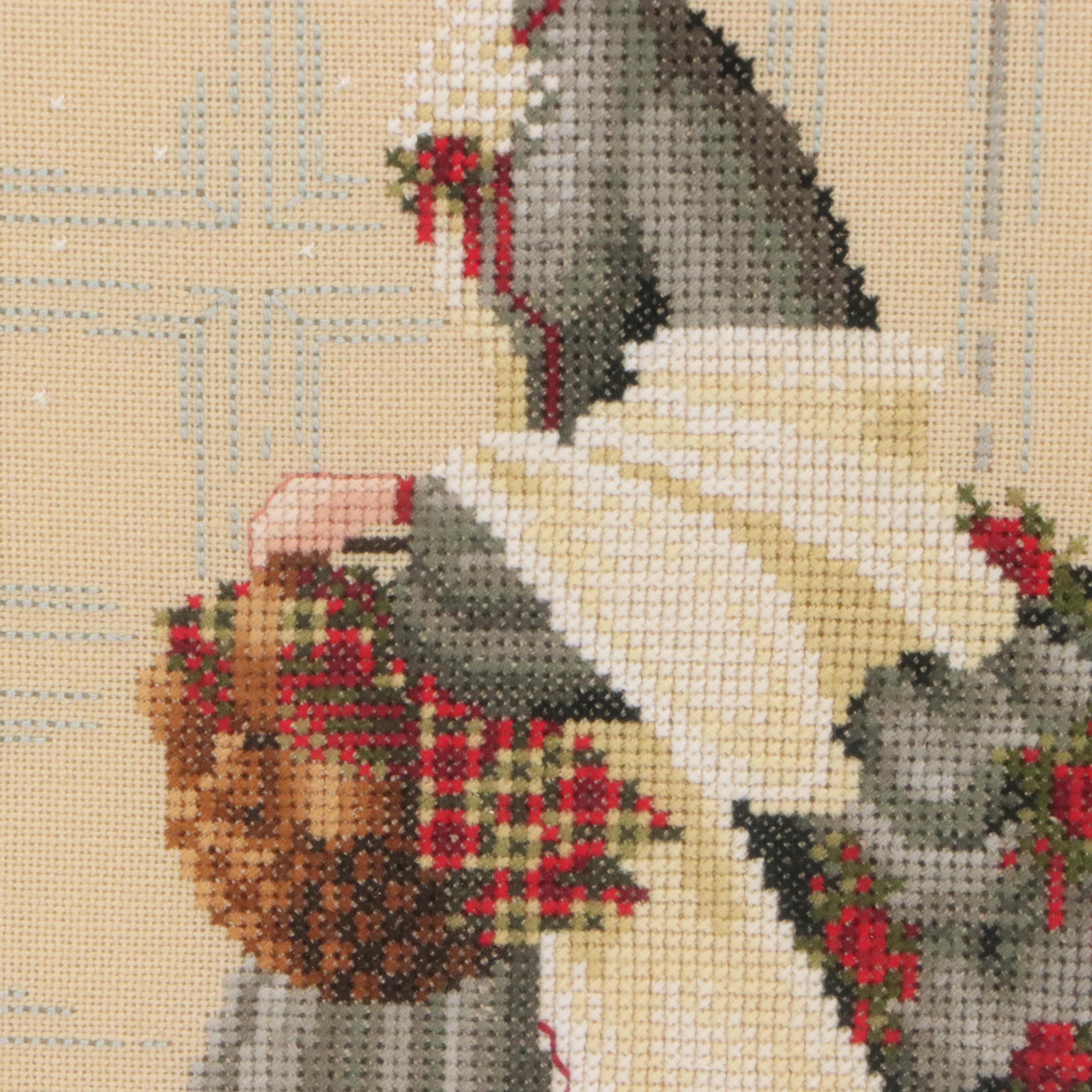 Cross-Stitch of Victorian Woman in Outdoor Wintery Scene, 2000