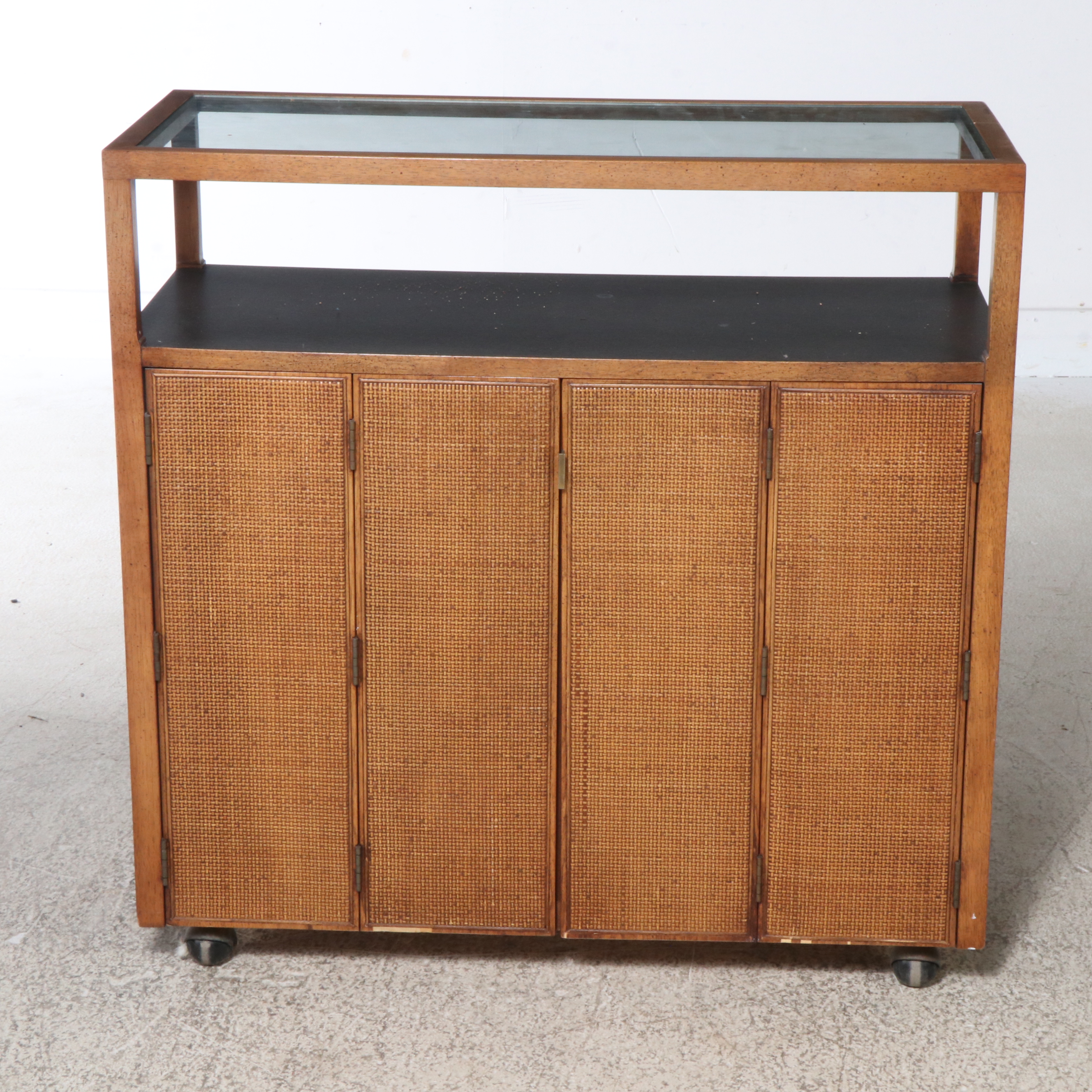 Mid Century Modern Caned Oak Bar Cabinet on Casters, Style of Jack Cartwright