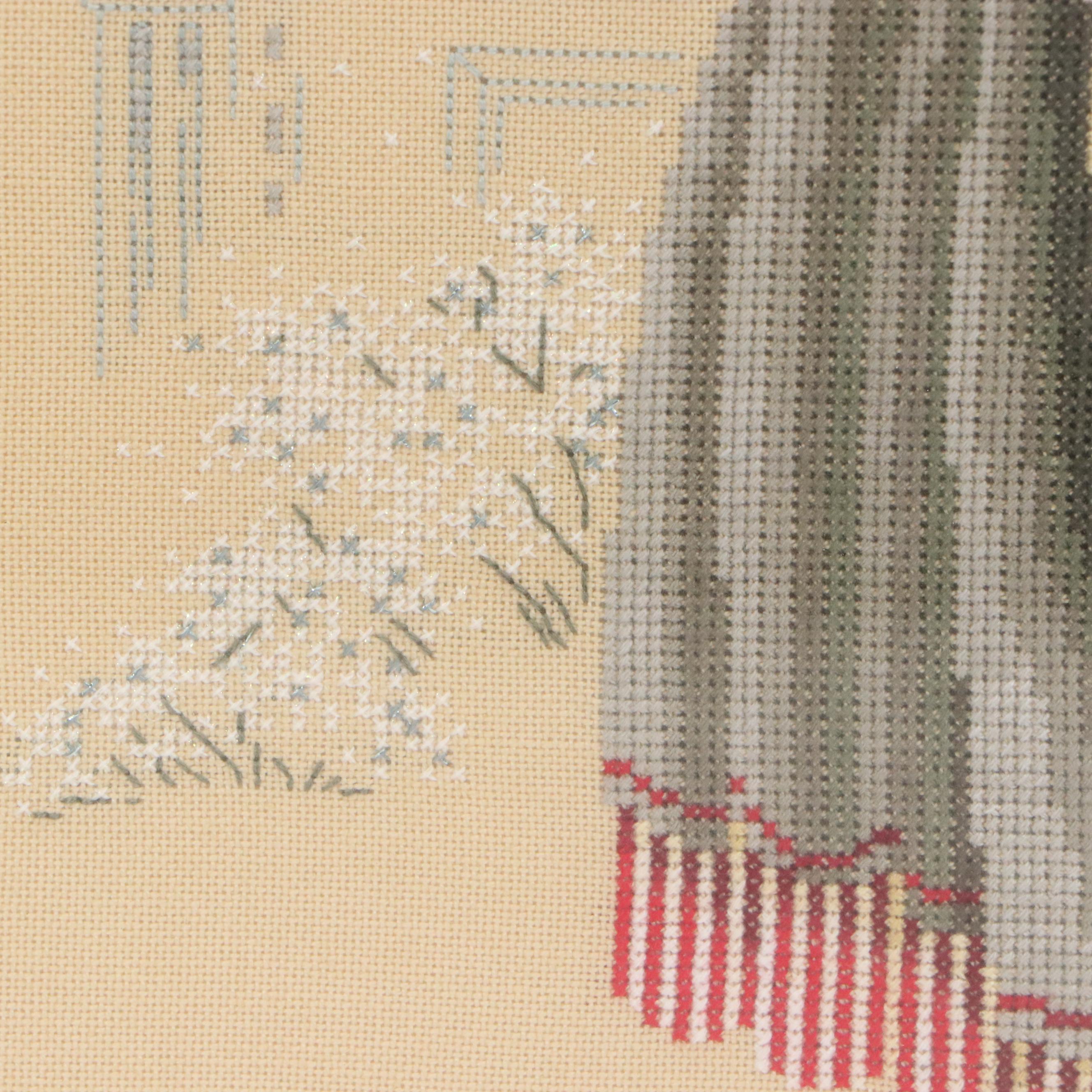 Cross-Stitch of Victorian Woman in Outdoor Wintery Scene, 2000