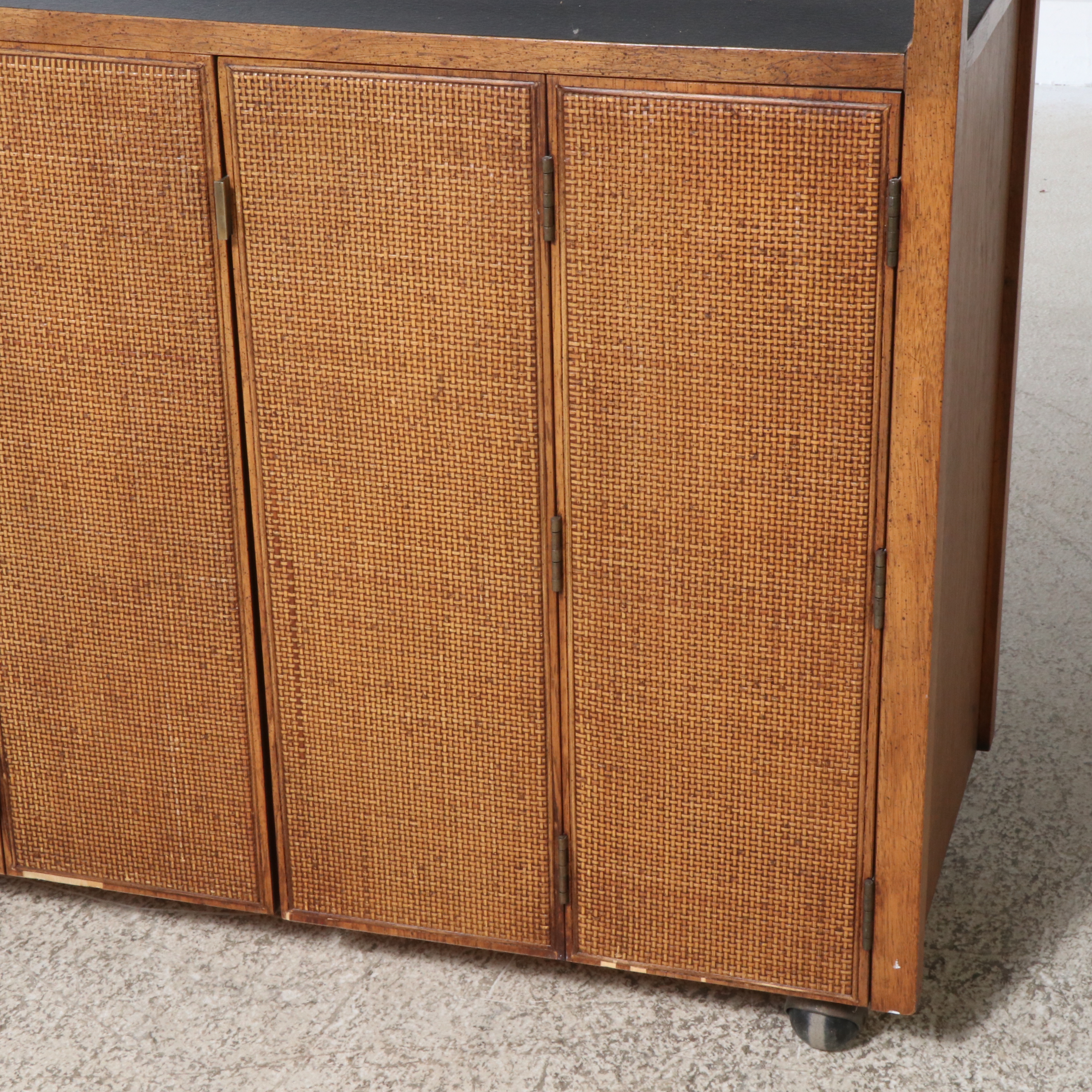 Mid Century Modern Caned Oak Bar Cabinet on Casters, Style of Jack Cartwright