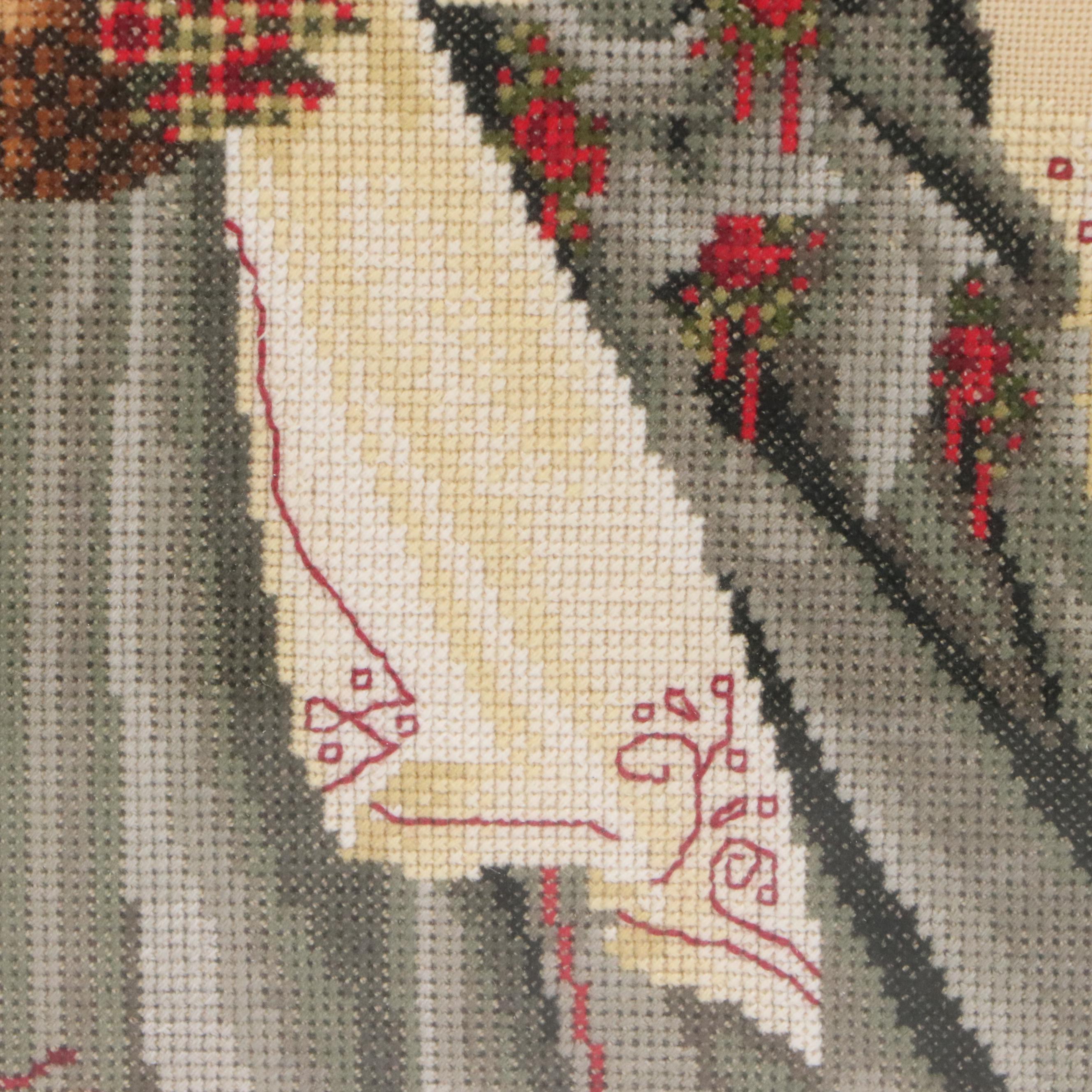 Cross-Stitch of Victorian Woman in Outdoor Wintery Scene, 2000