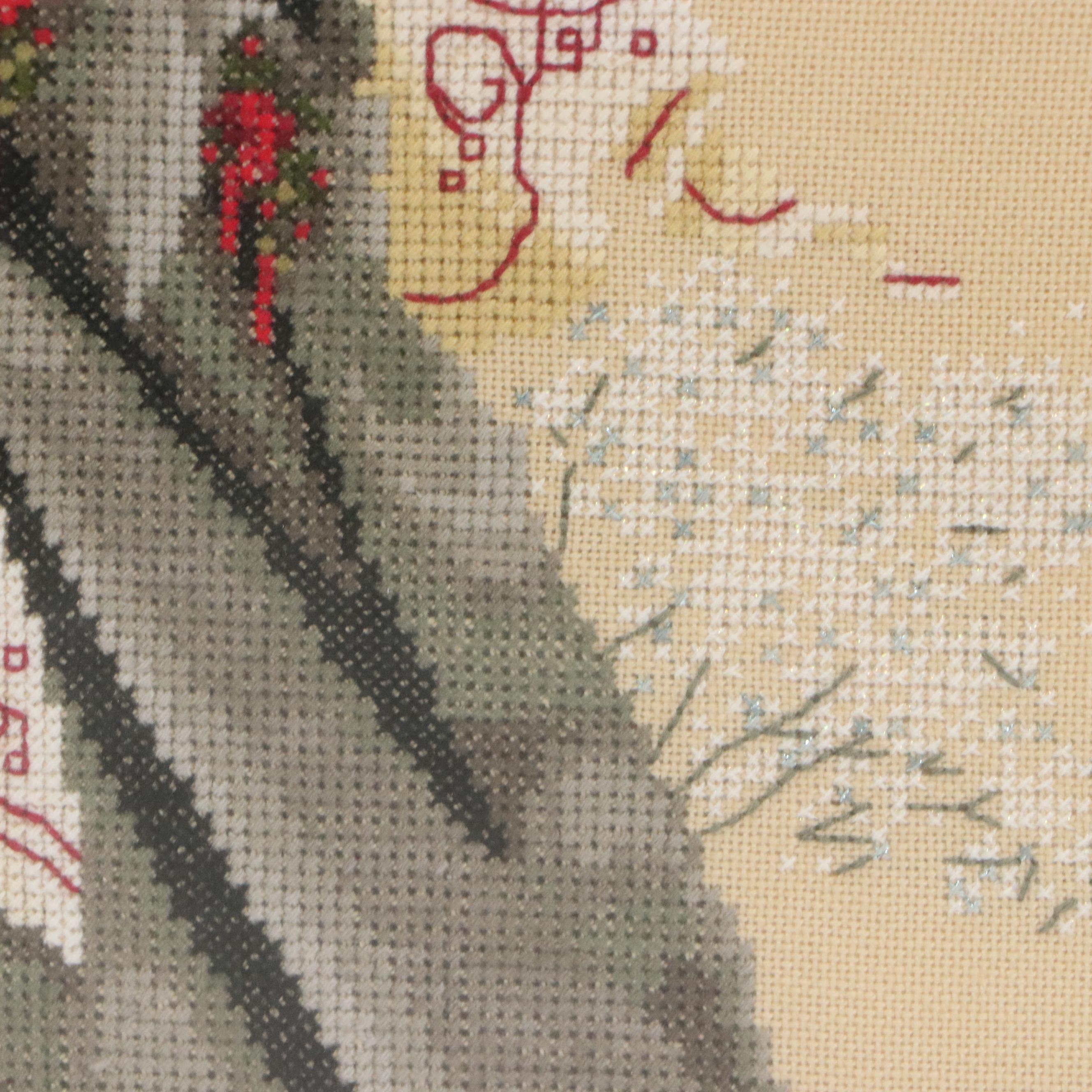 Cross-Stitch of Victorian Woman in Outdoor Wintery Scene, 2000