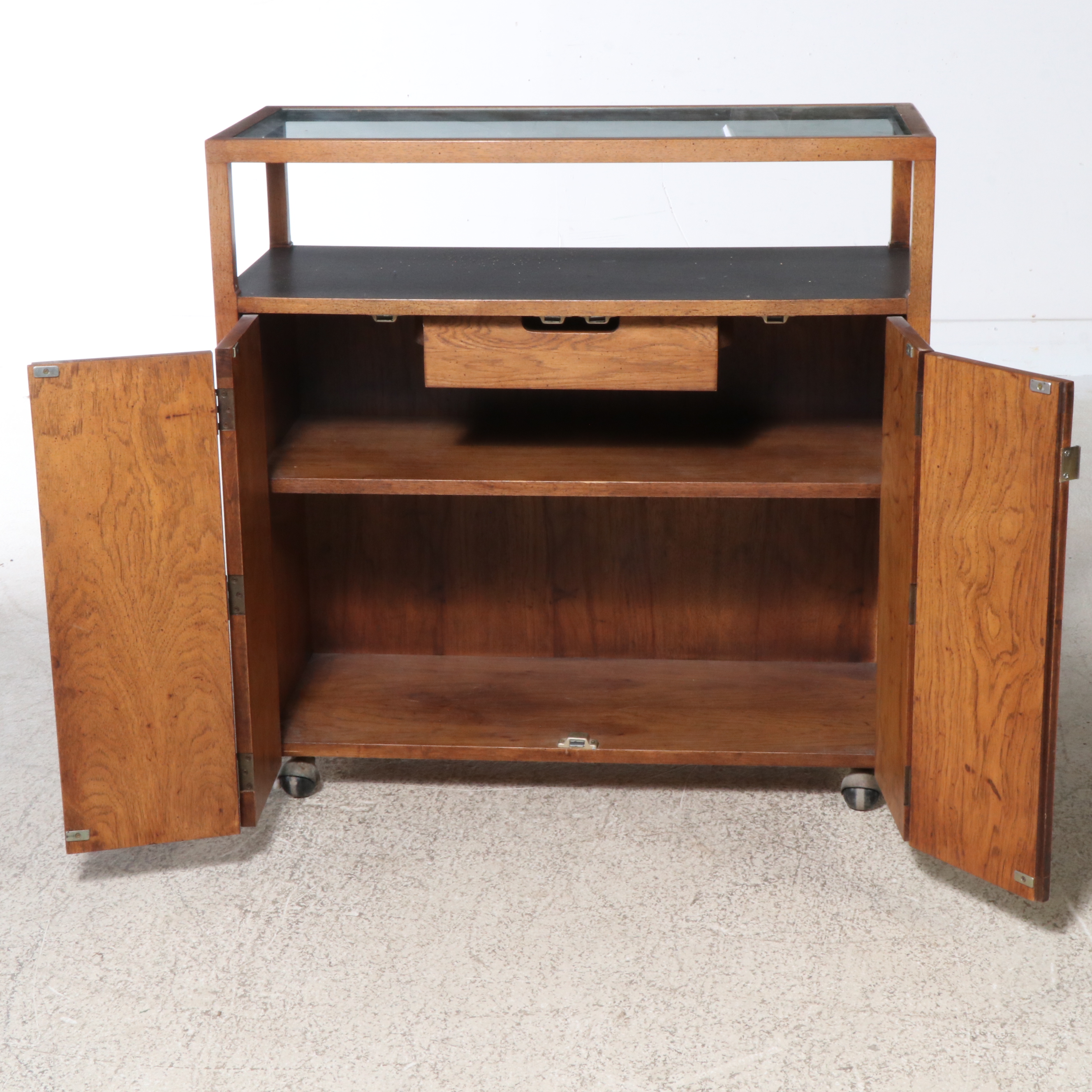 Mid Century Modern Caned Oak Bar Cabinet on Casters, Style of Jack Cartwright