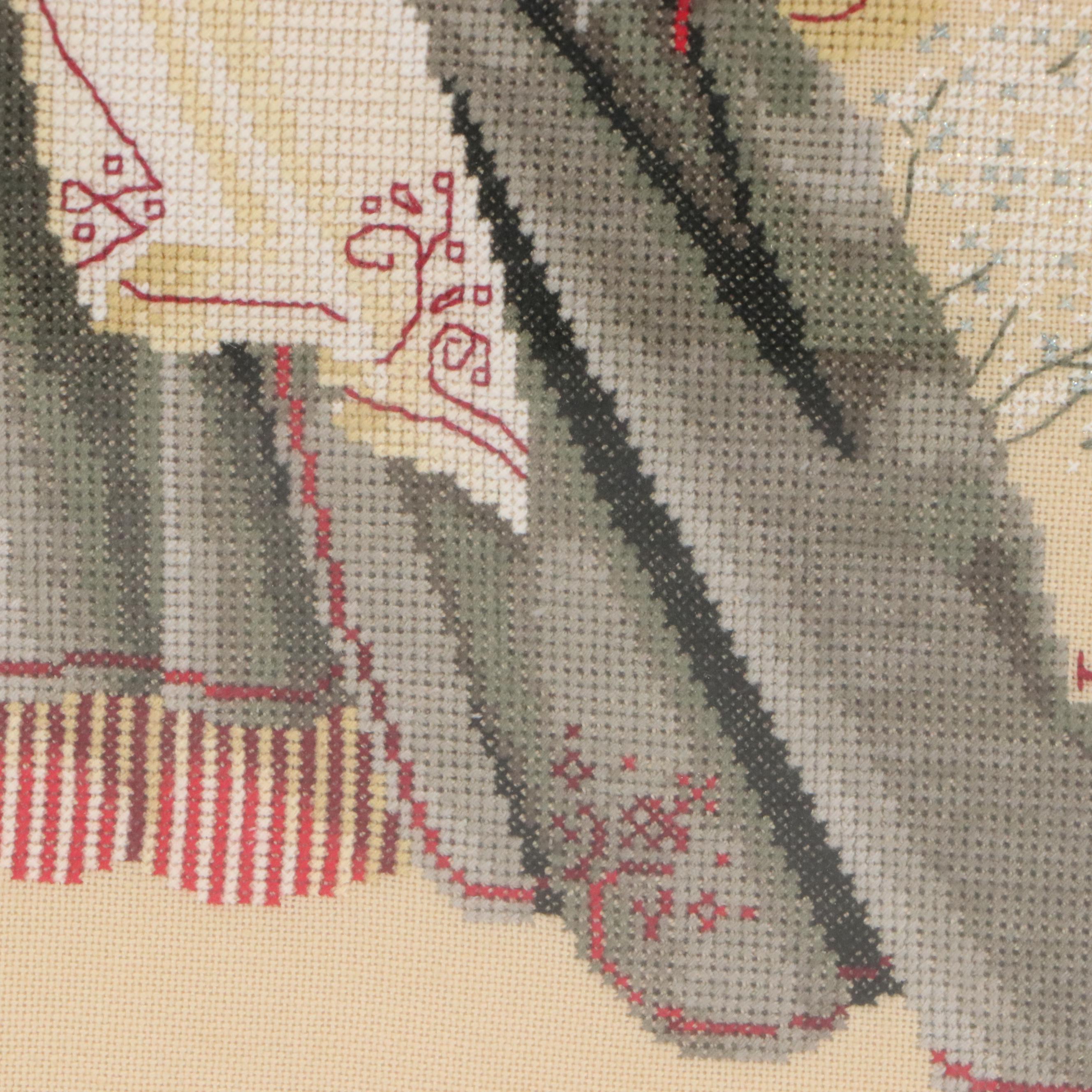 Cross-Stitch of Victorian Woman in Outdoor Wintery Scene, 2000