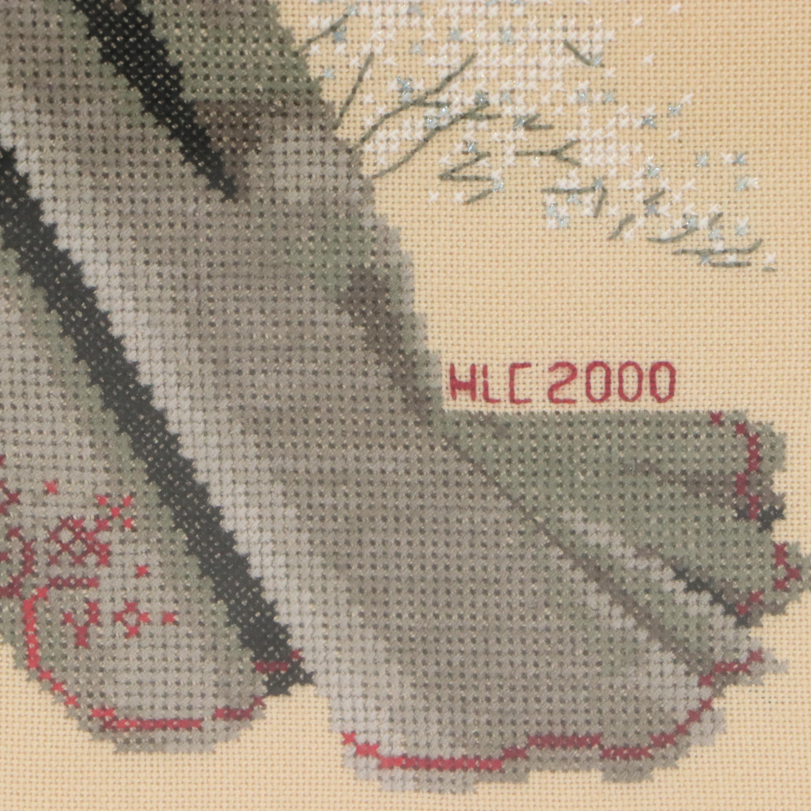 Cross-Stitch of Victorian Woman in Outdoor Wintery Scene, 2000