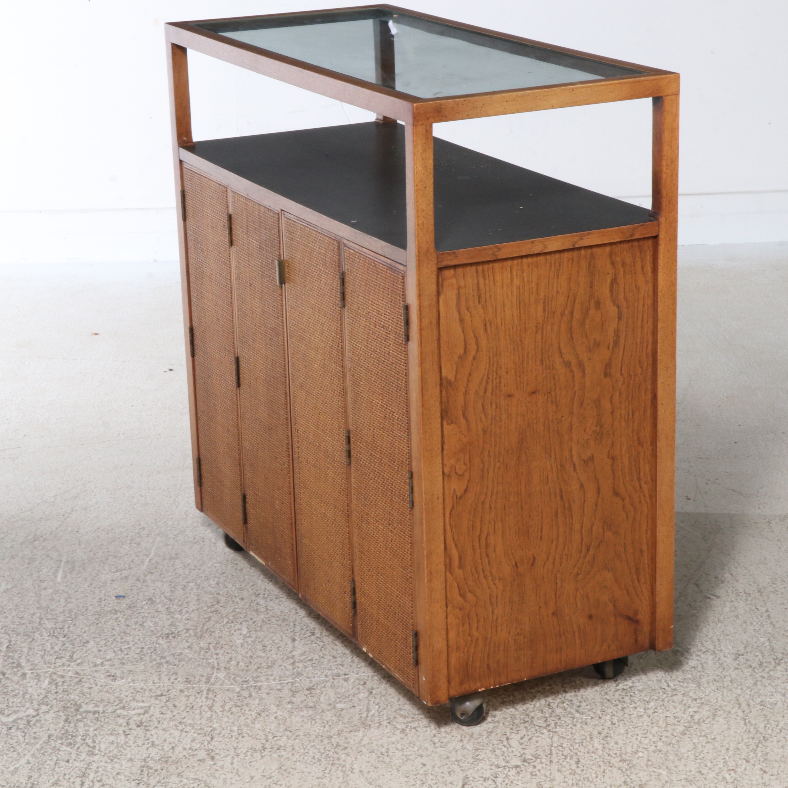 Mid Century Modern Caned Oak Bar Cabinet on Casters, Style of Jack Cartwright
