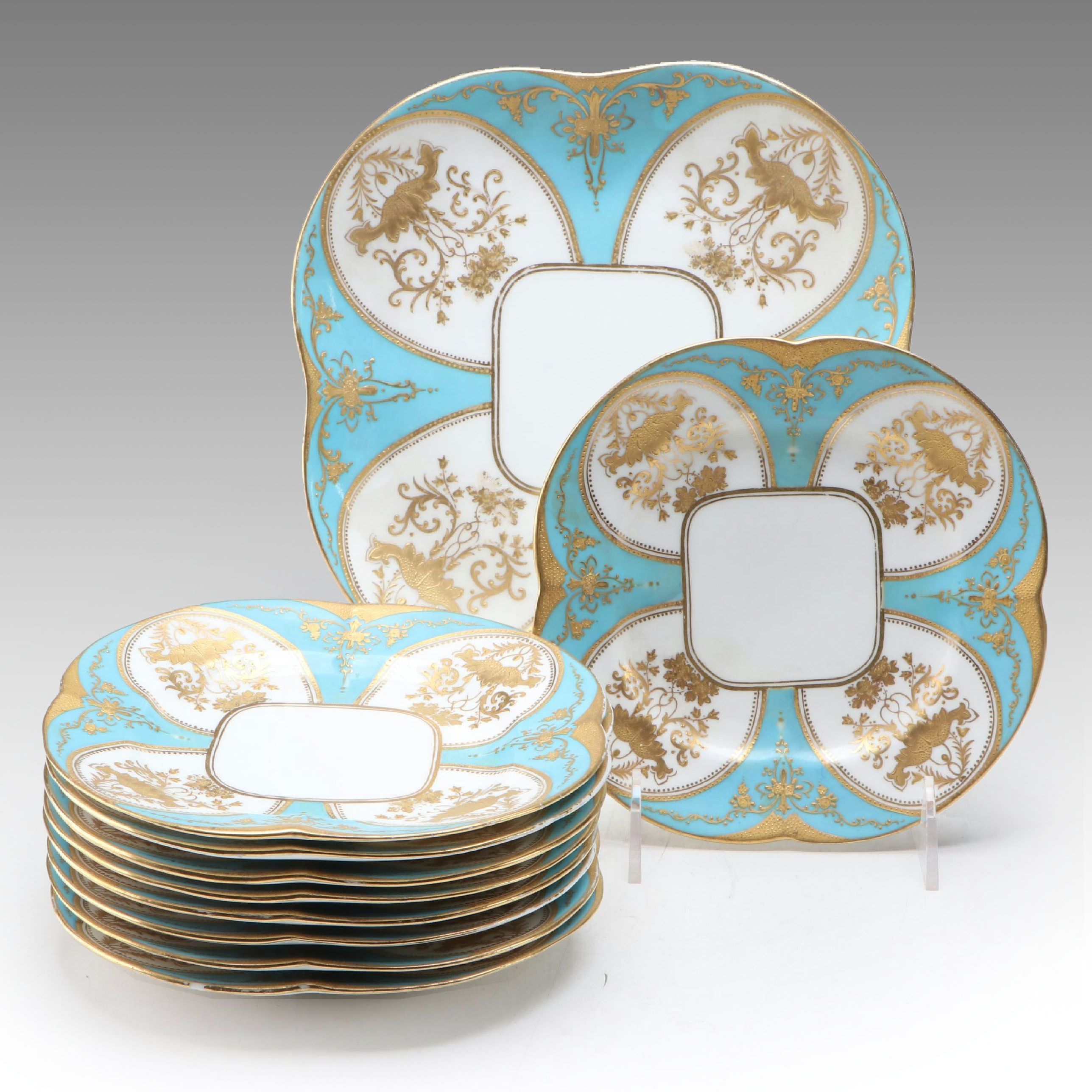Coalport Porcelain Turquoise and Gilt Accented Dessert Set, Late 19th Century