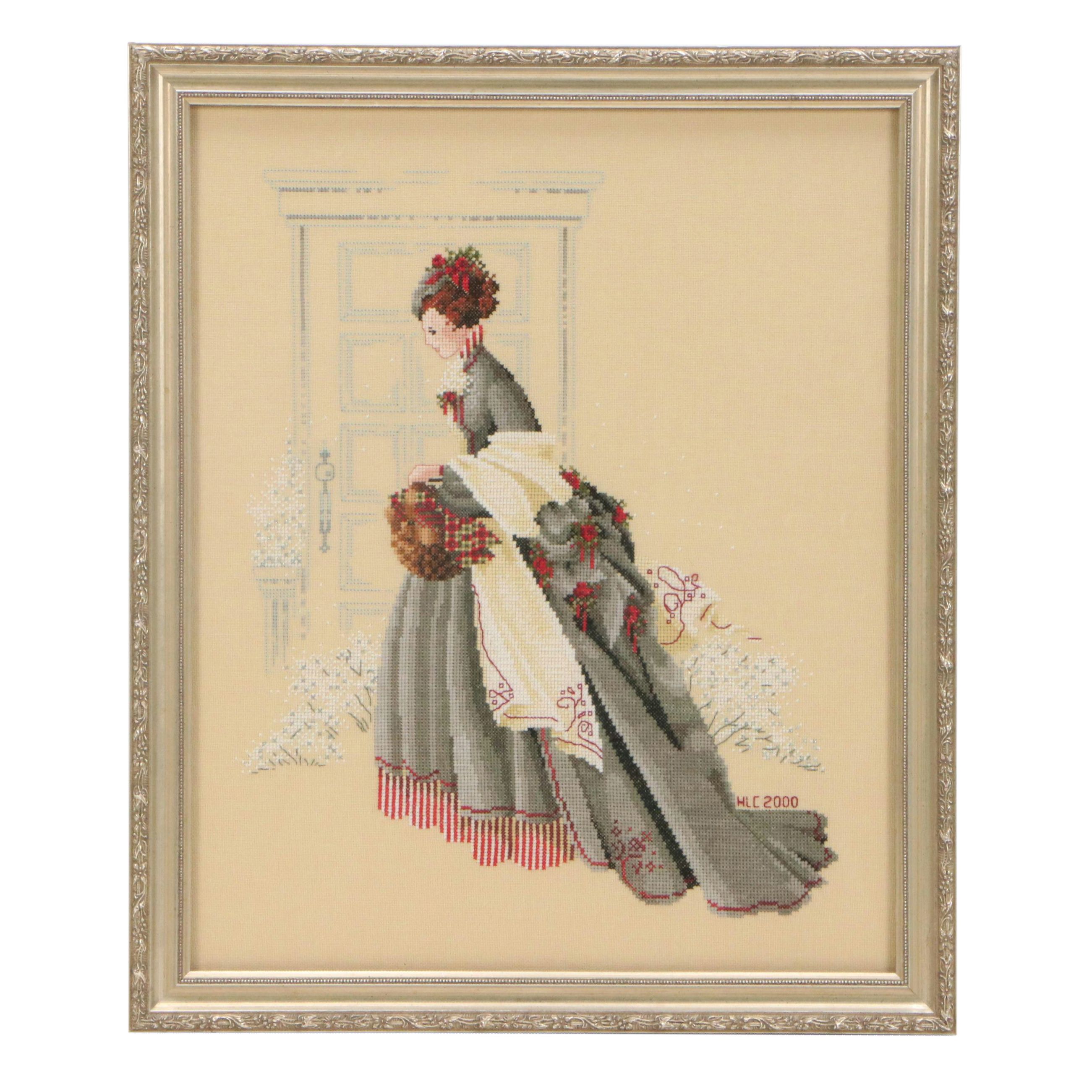 Cross-Stitch of Victorian Woman in Outdoor Wintery Scene, 2000