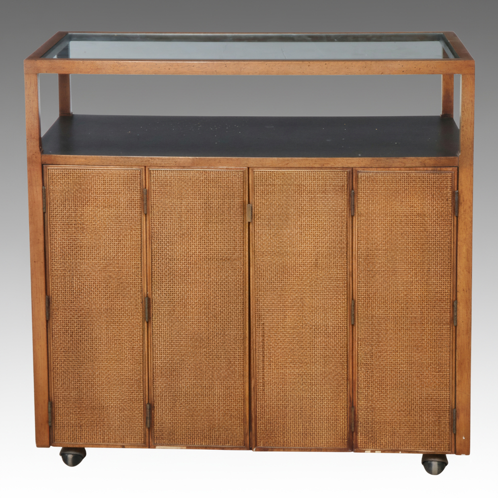 Mid Century Modern Caned Oak Bar Cabinet on Casters, Style of Jack Cartwright