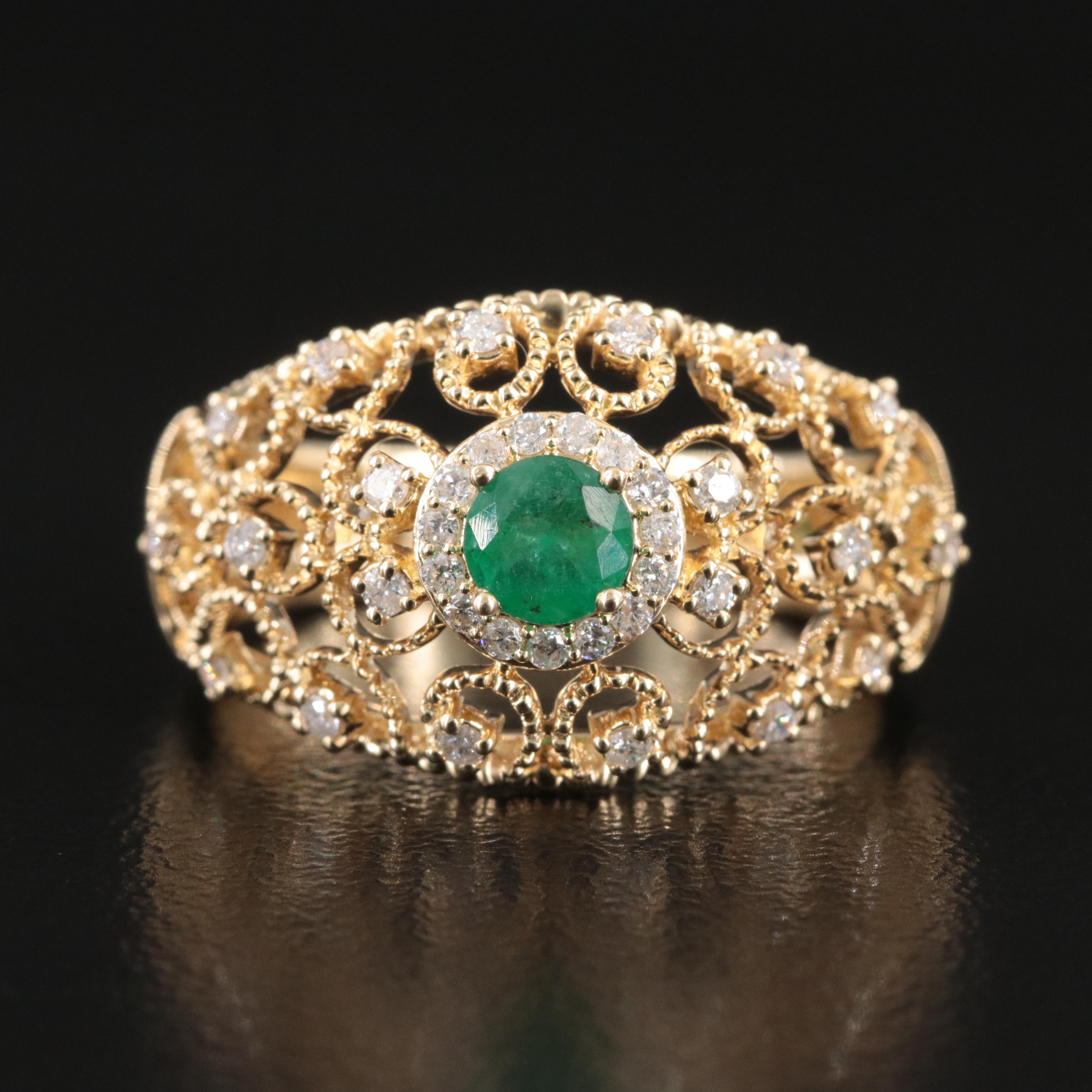 14K Emerald and Diamond Scroll Dome Ring