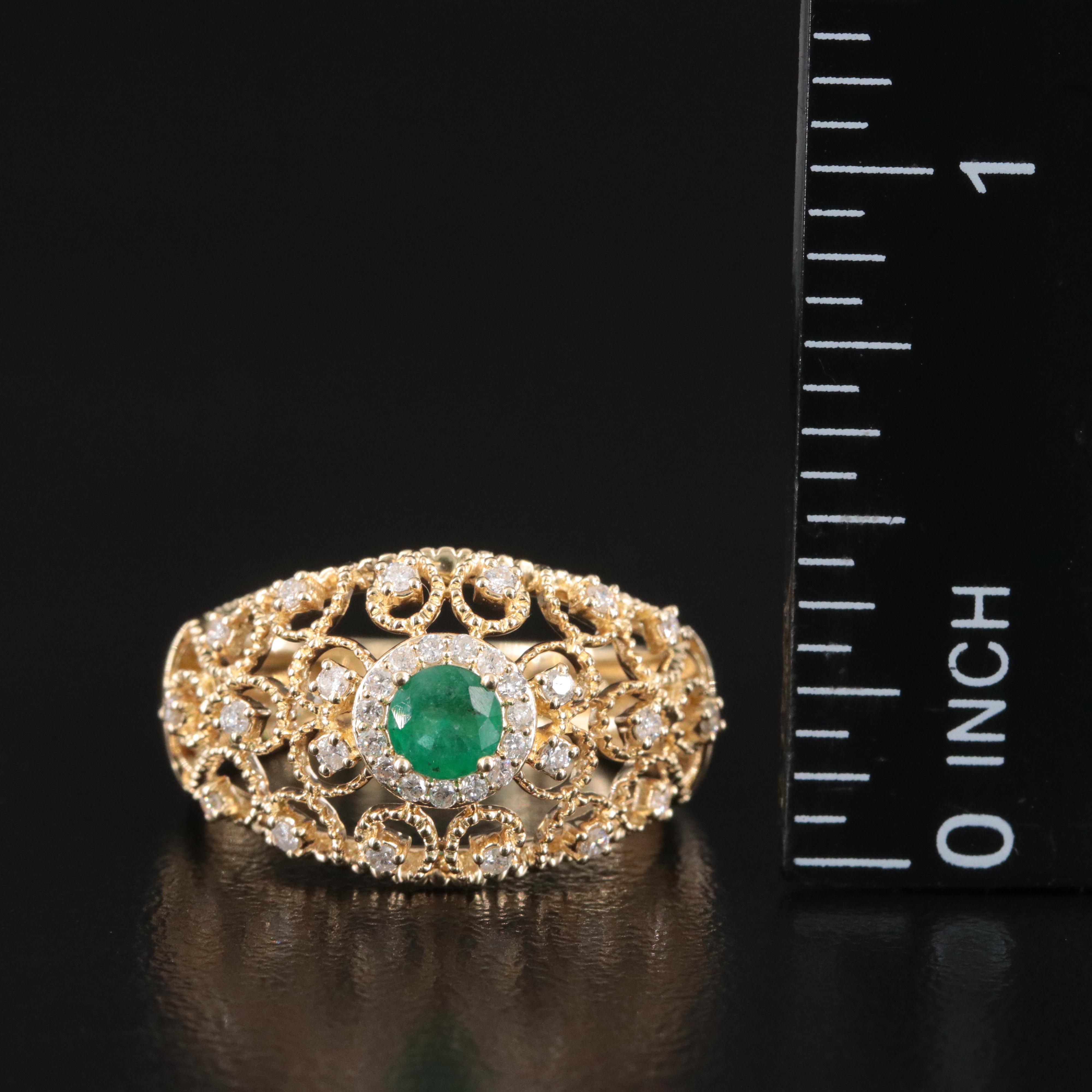14K Emerald and Diamond Scroll Dome Ring