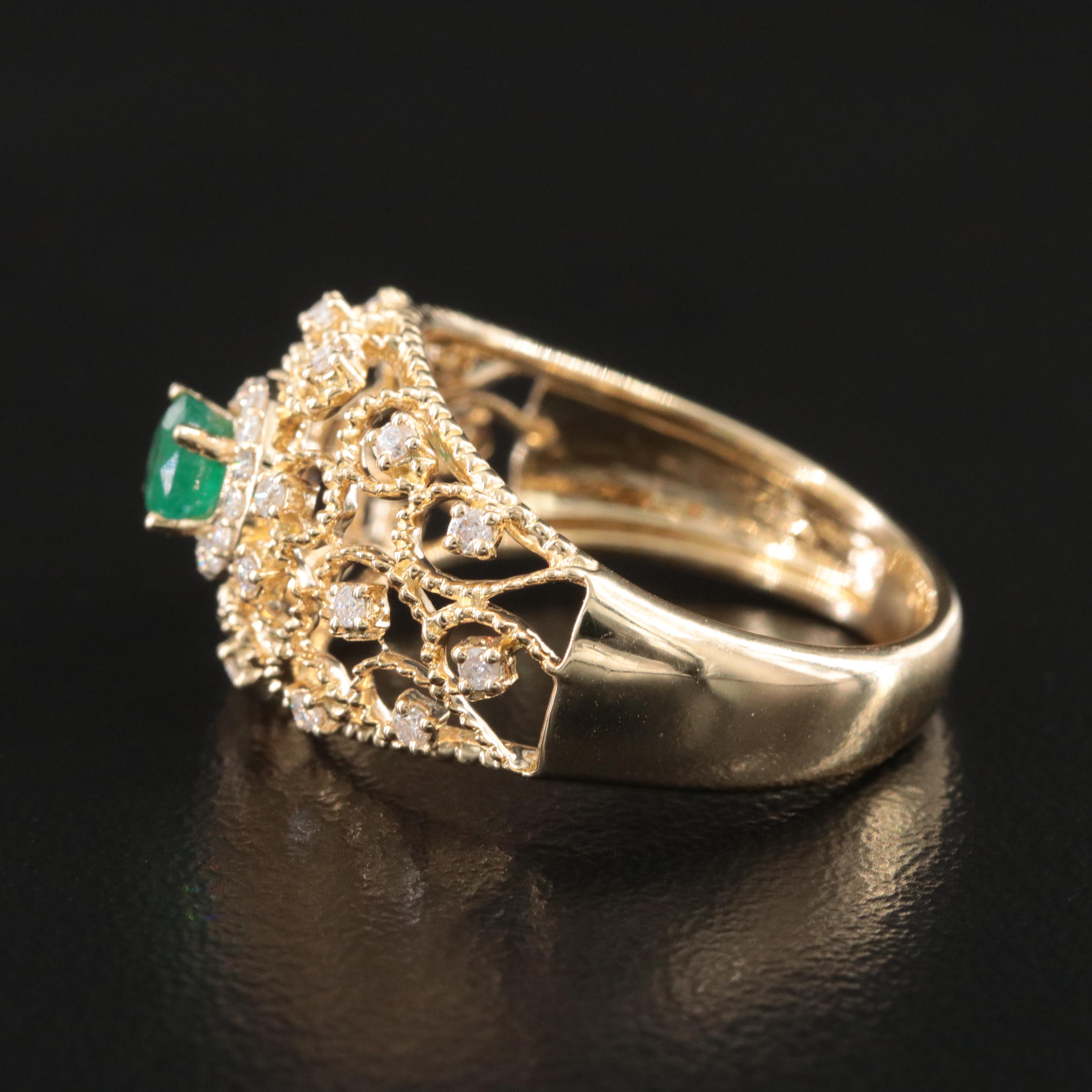 14K Emerald and Diamond Scroll Dome Ring