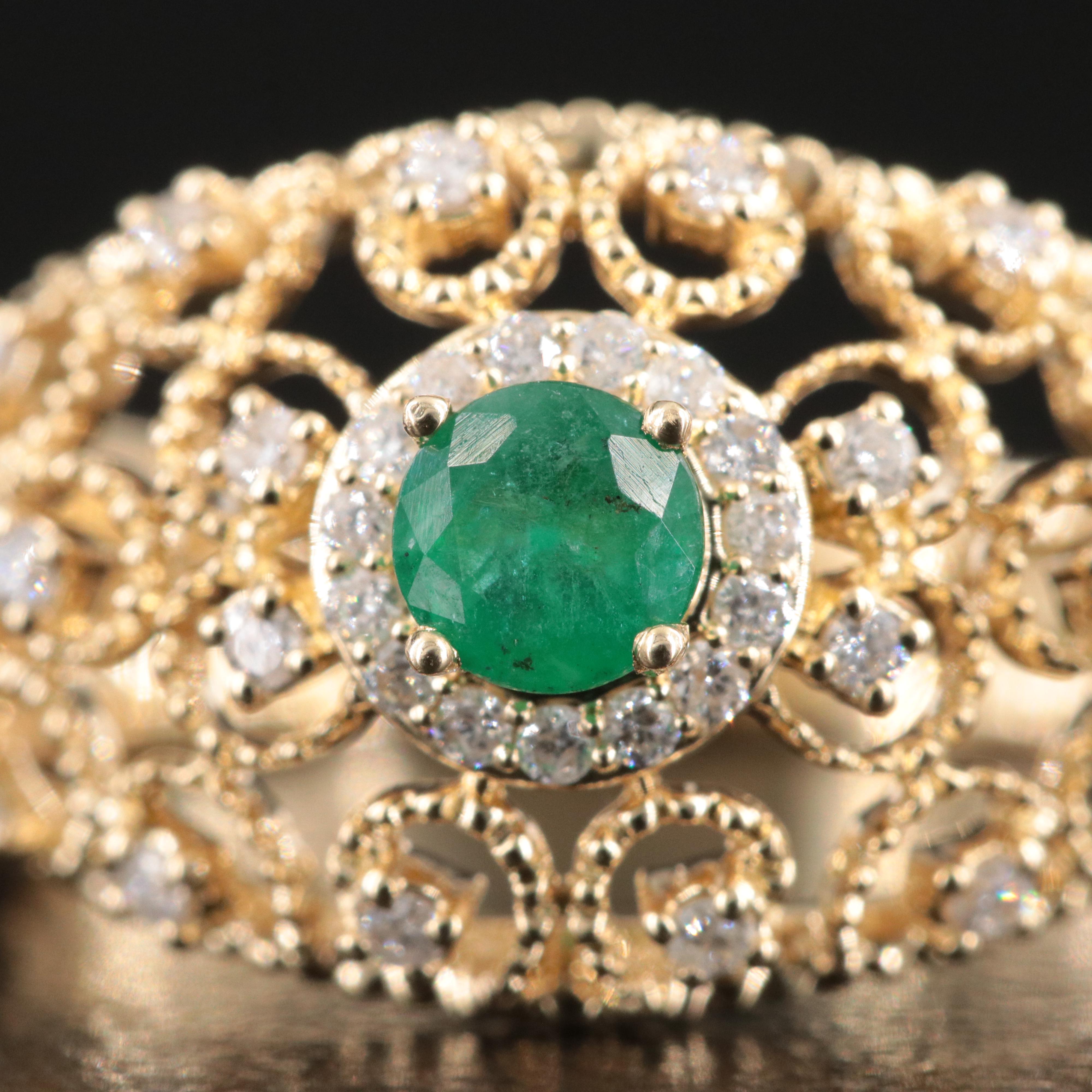 14K Emerald and Diamond Scroll Dome Ring