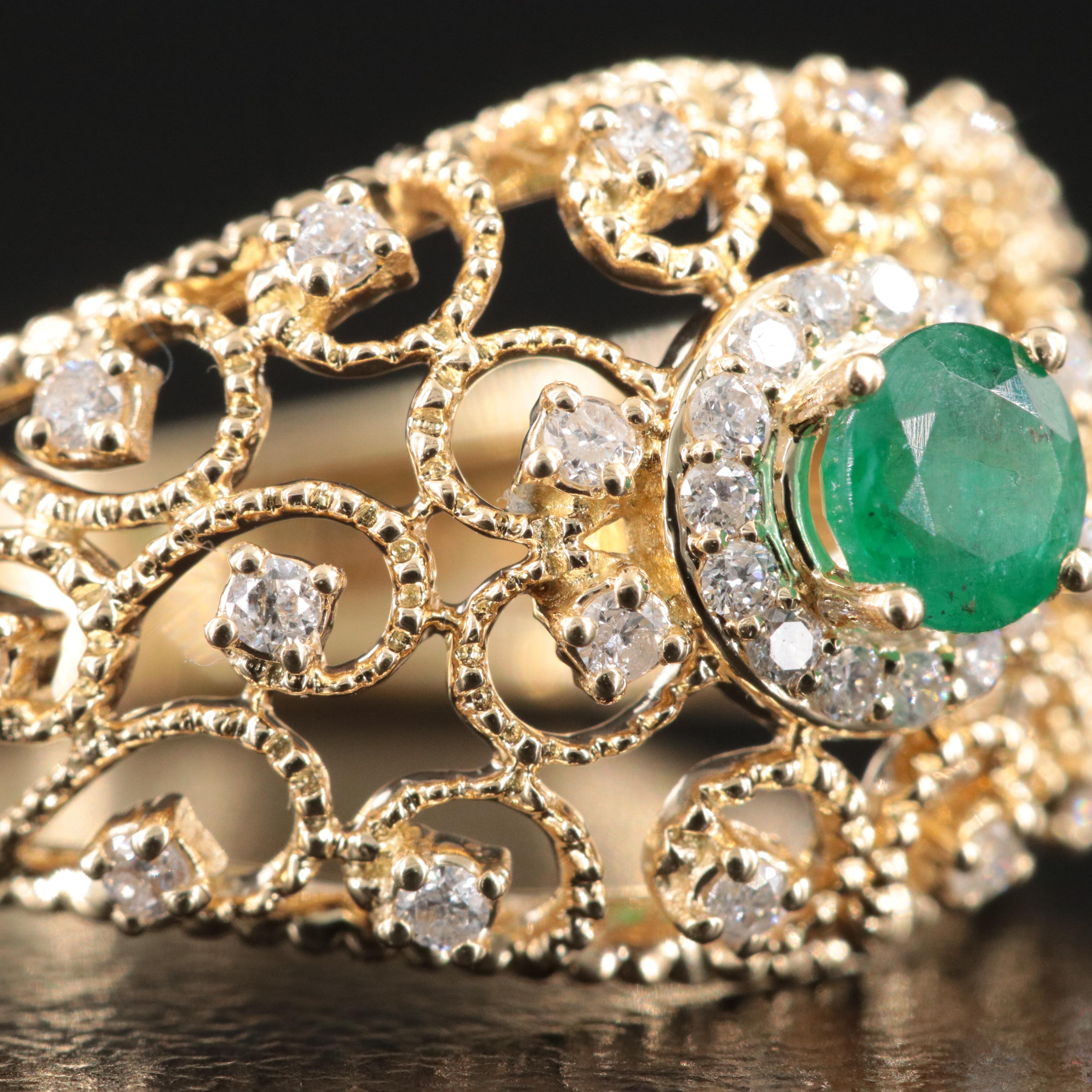 14K Emerald and Diamond Scroll Dome Ring