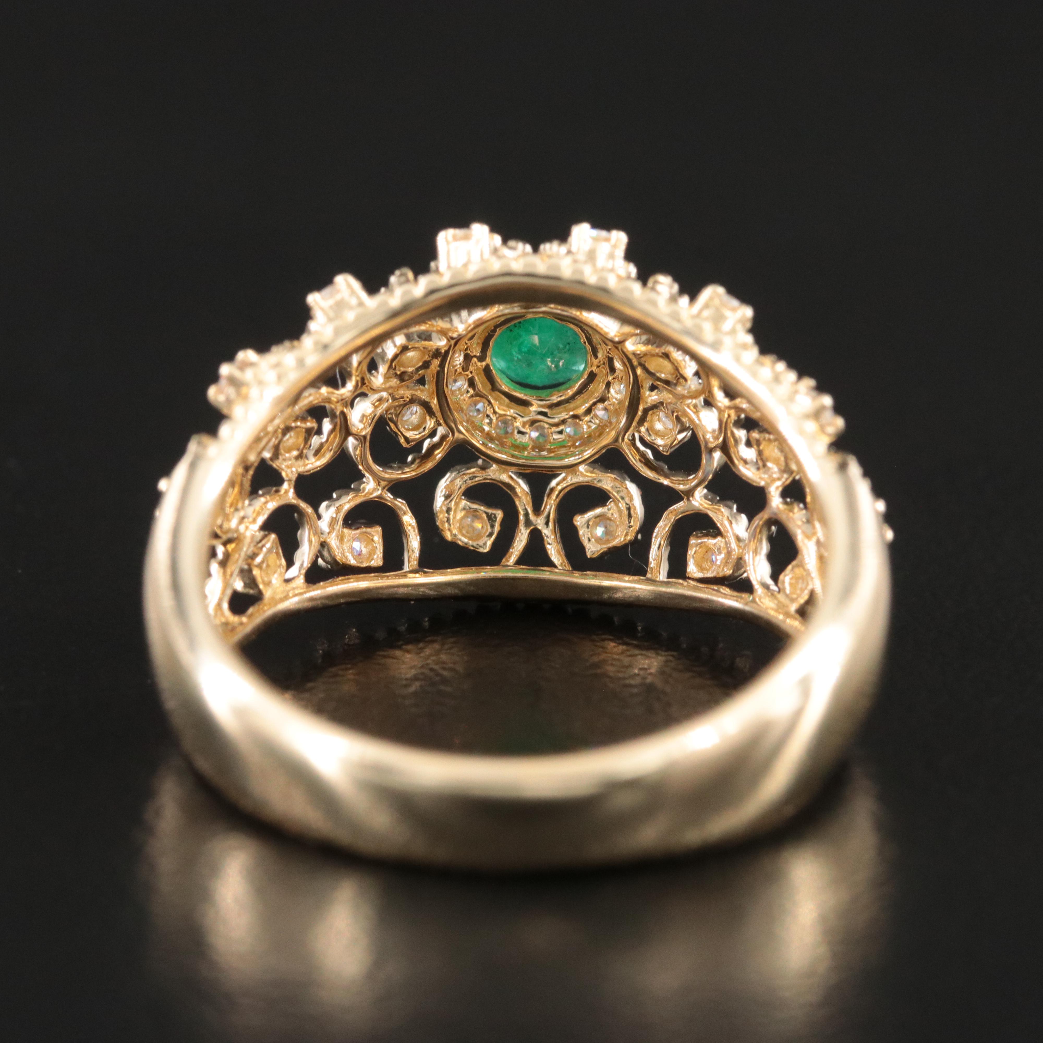 14K Emerald and Diamond Scroll Dome Ring