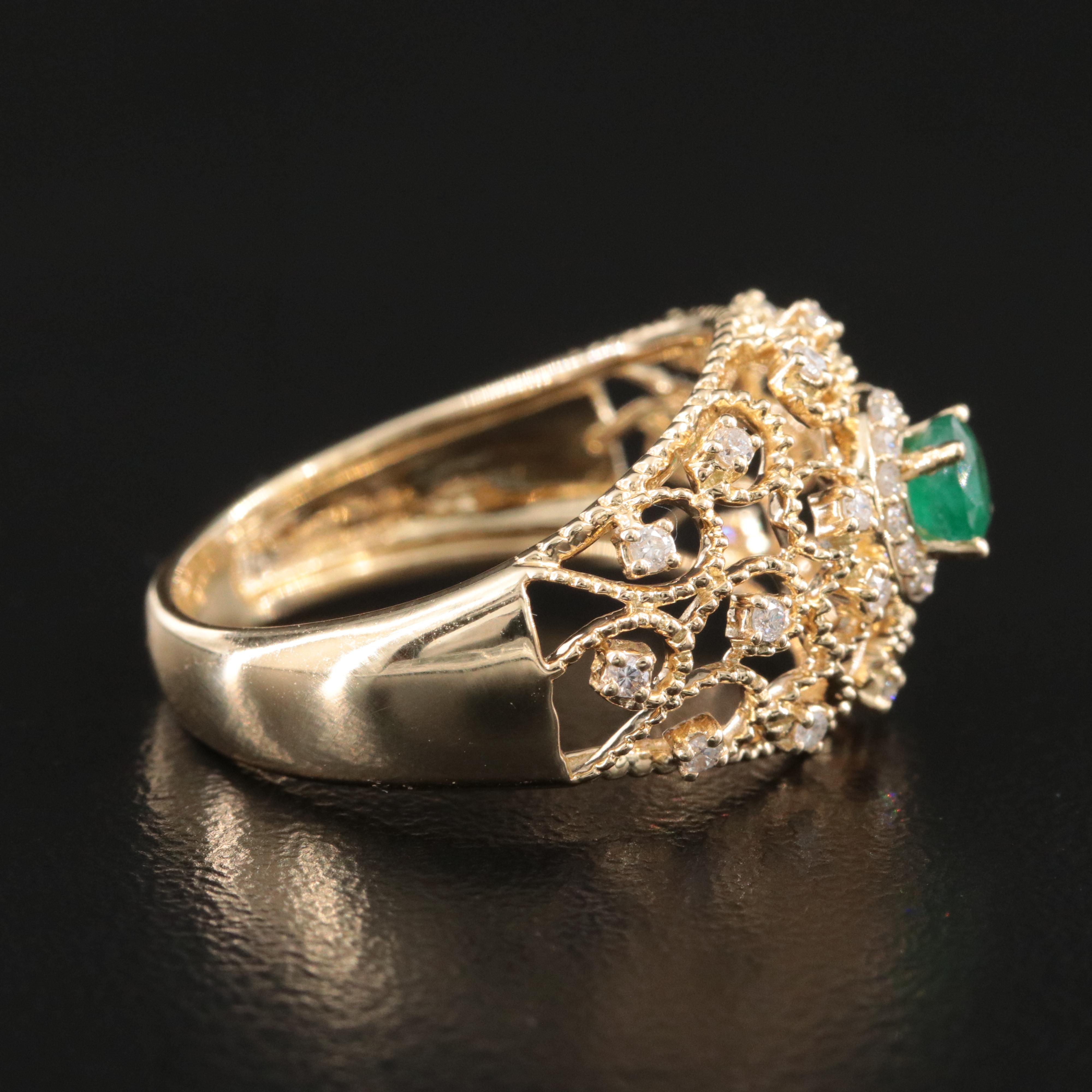 14K Emerald and Diamond Scroll Dome Ring