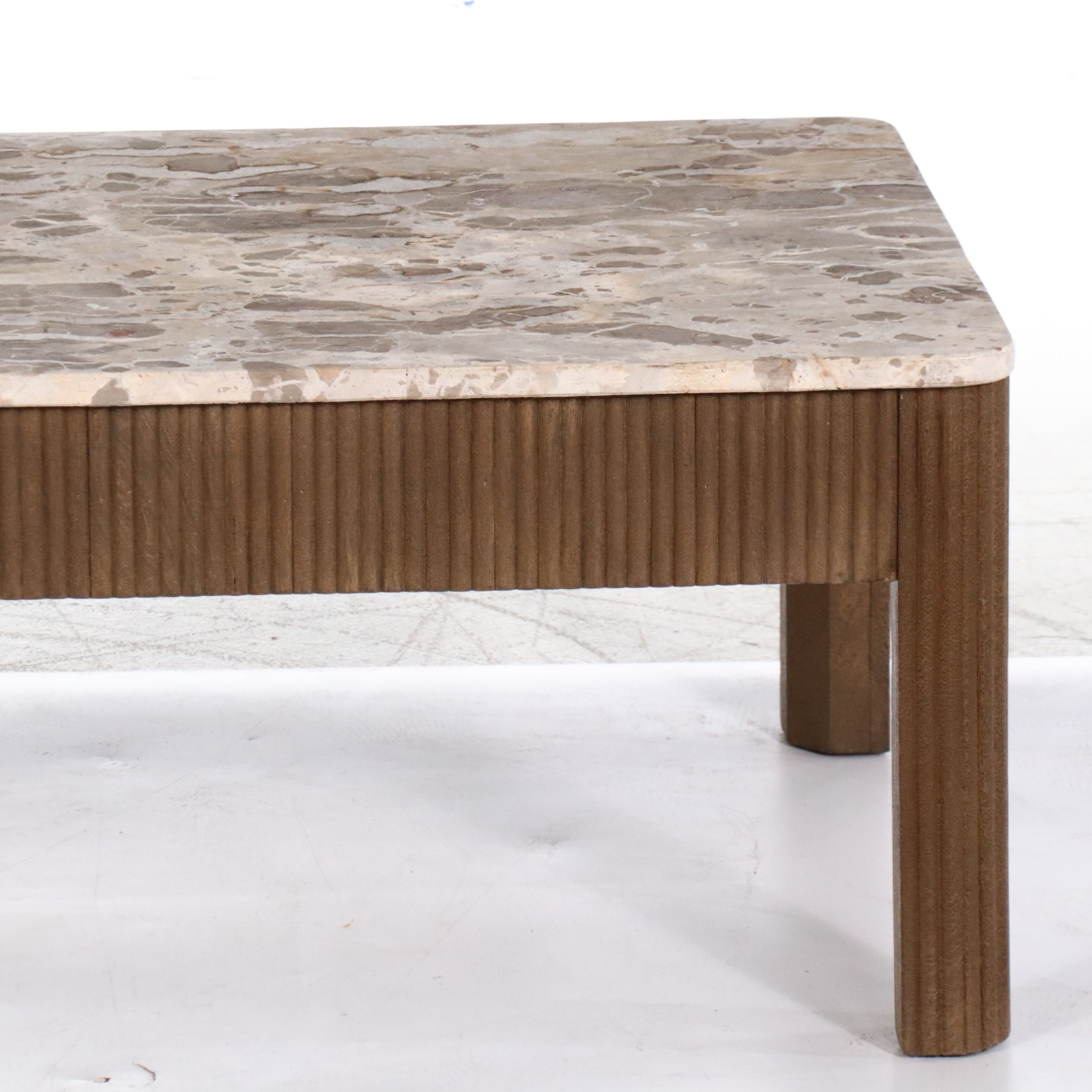 Contemporary Marble Top Reeded Wood Coffee Table