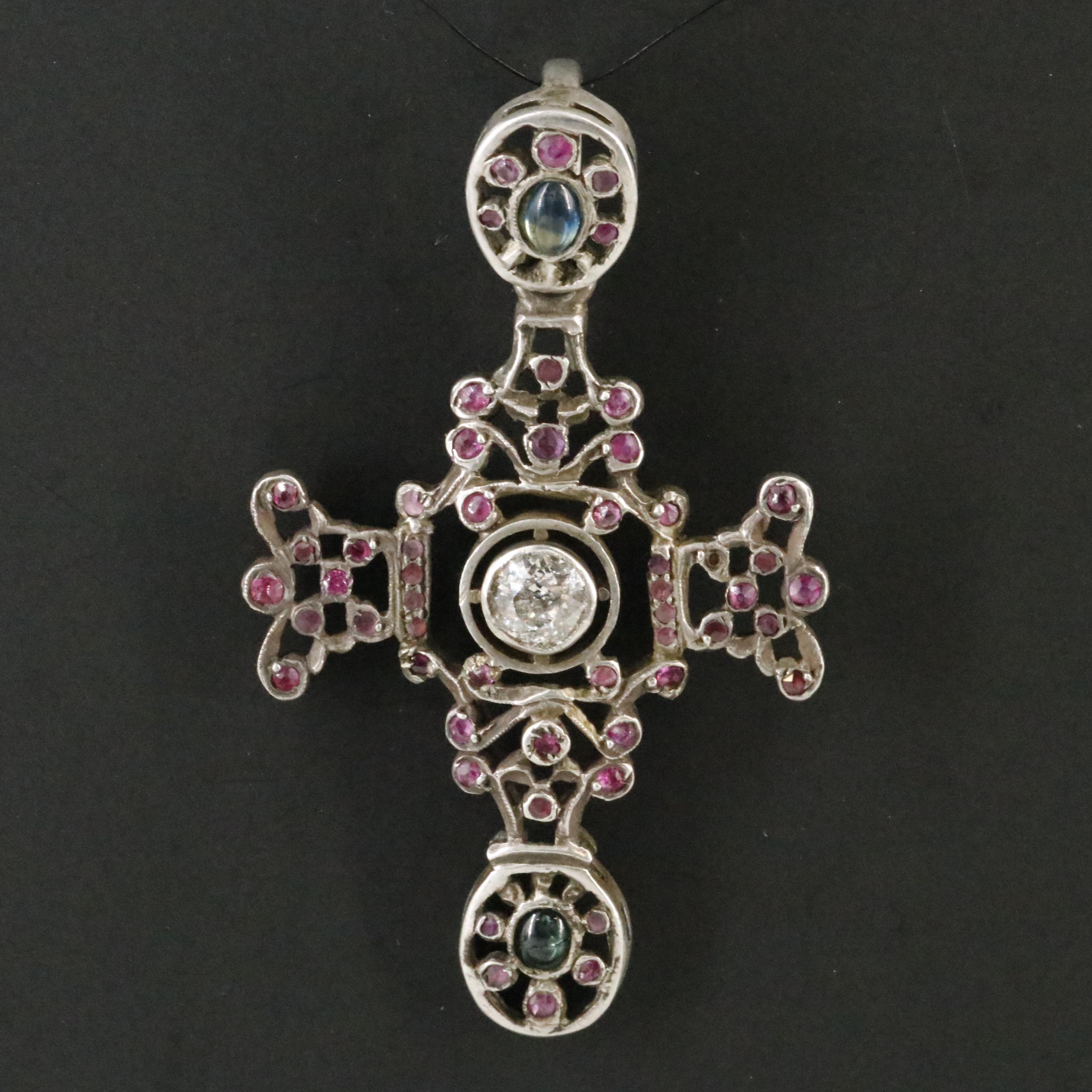 800 Silver Diamond, Ruby, and Sapphire Cross Pendant
