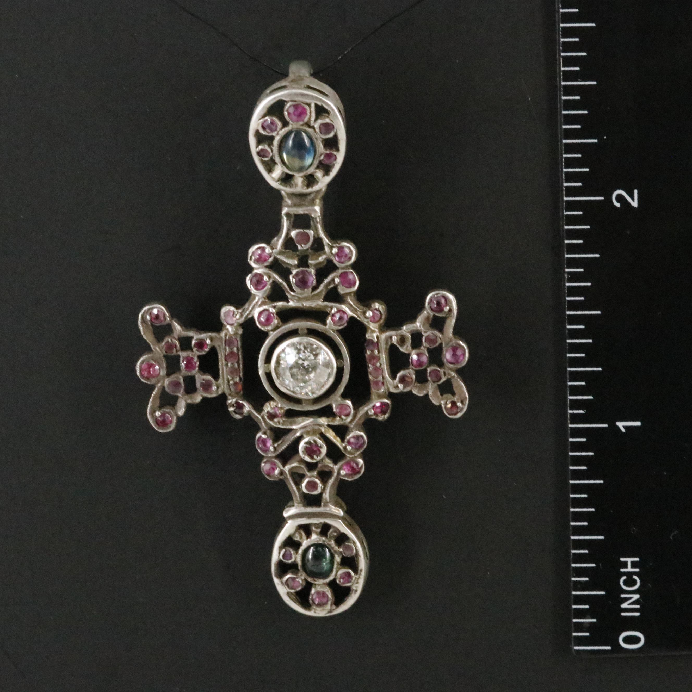 800 Silver Diamond, Ruby, and Sapphire Cross Pendant