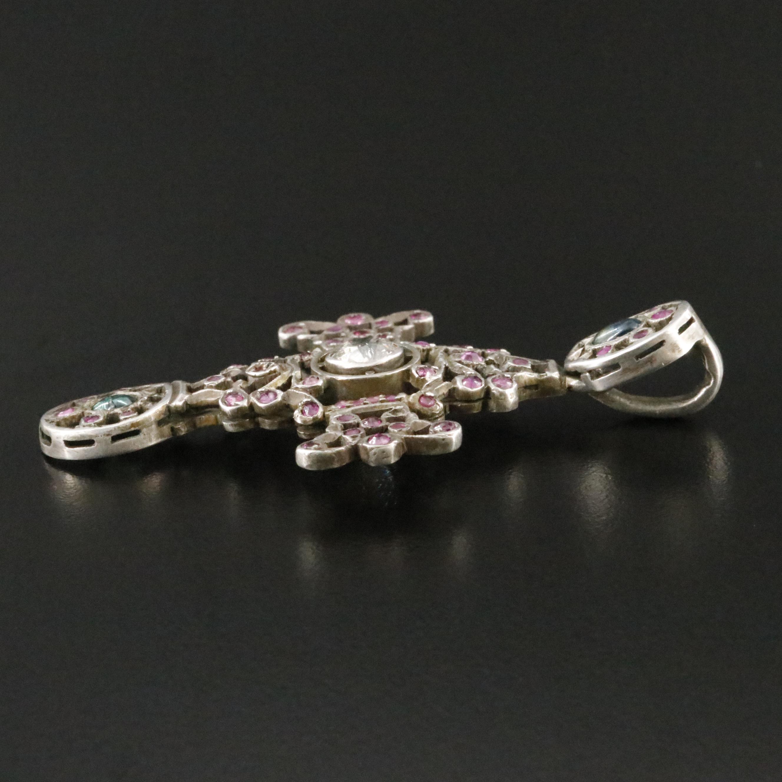 800 Silver Diamond, Ruby, and Sapphire Cross Pendant